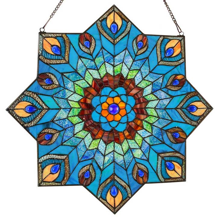 Presley Blue Peacock Stained Glass Window Panel