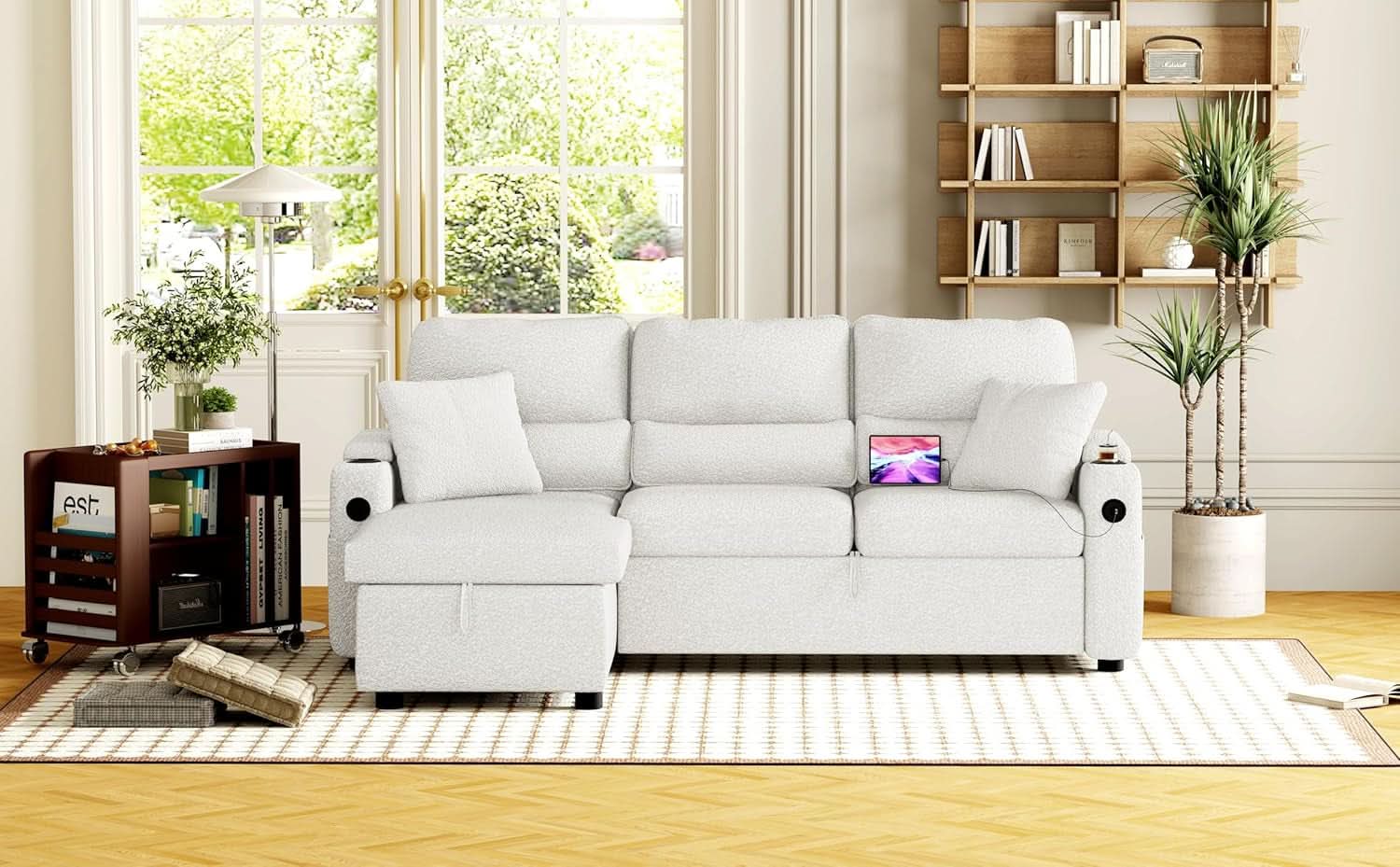 Pull Out Convertible Sofa Bed With Hidden Storage Teddy White