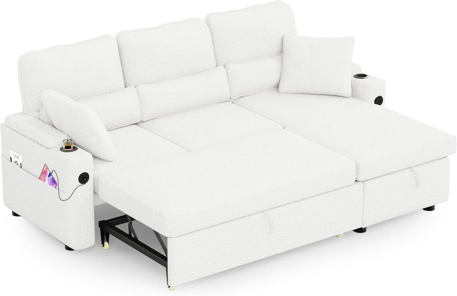 Pull Out Convertible Sofa Bed With Hidden Storage Teddy White