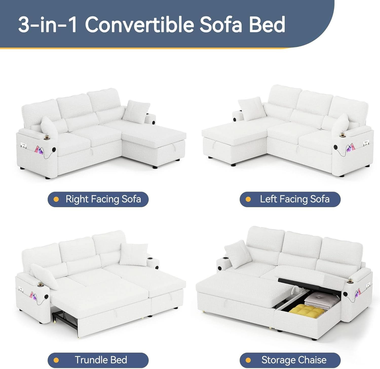 Pull Out Convertible Sofa Bed With Hidden Storage Teddy White