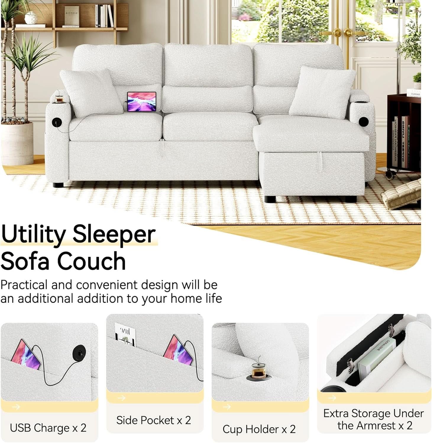 Pull Out Convertible Sofa Bed With Hidden Storage Teddy White
