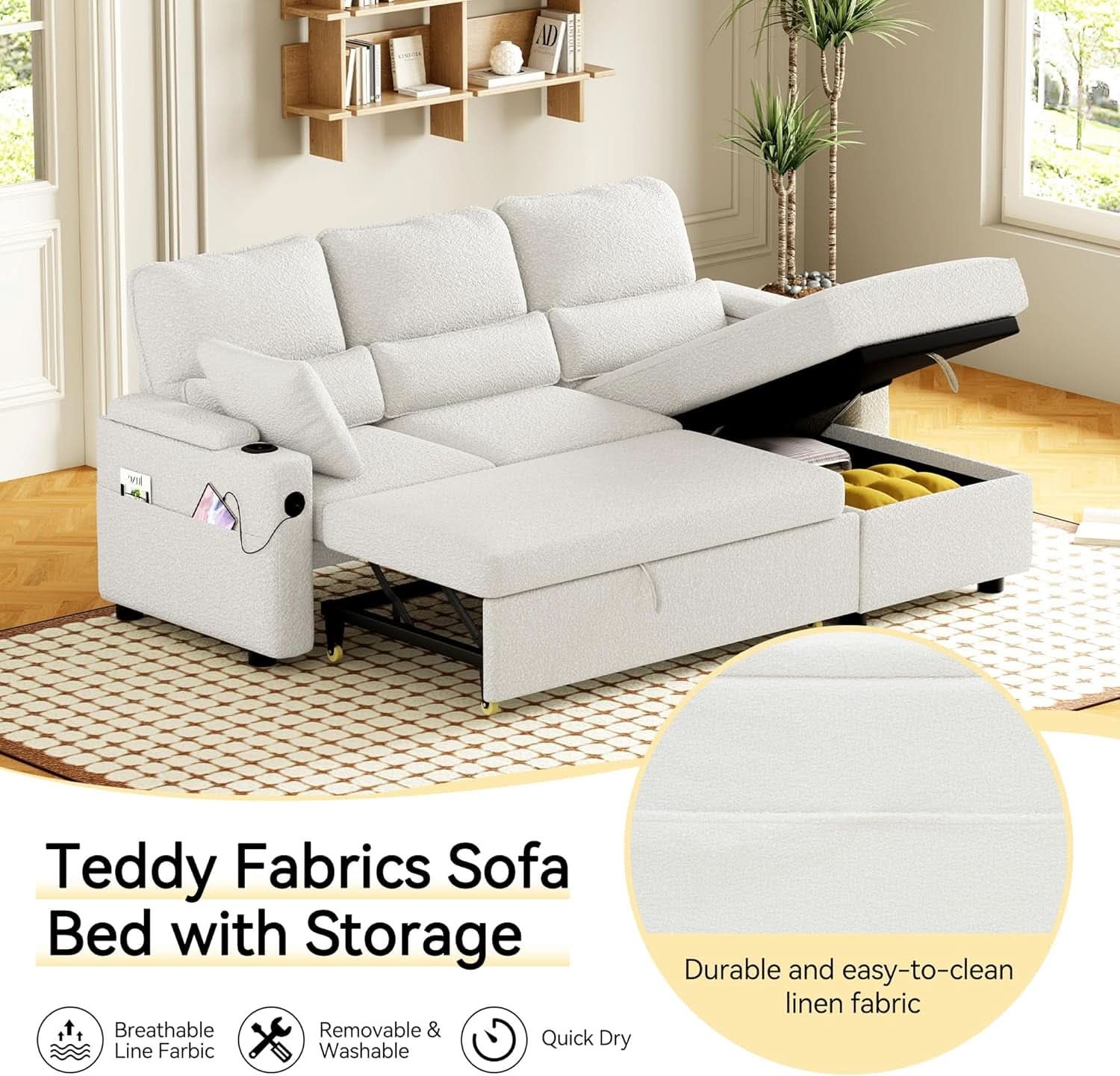 Pull Out Convertible Sofa Bed With Hidden Storage Teddy White