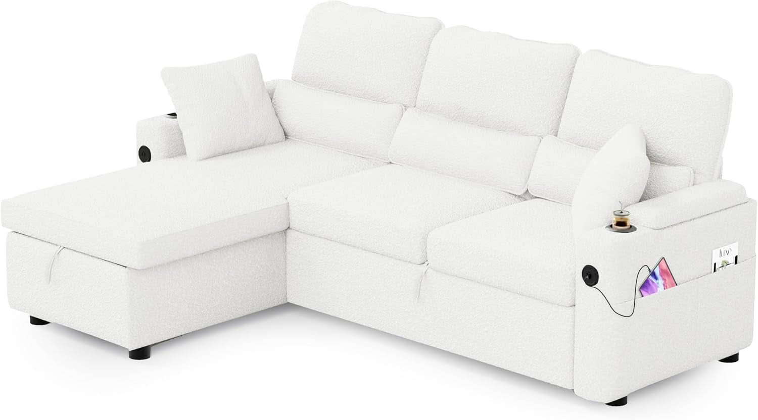 Pull Out Convertible Sofa Bed With Hidden Storage Teddy White