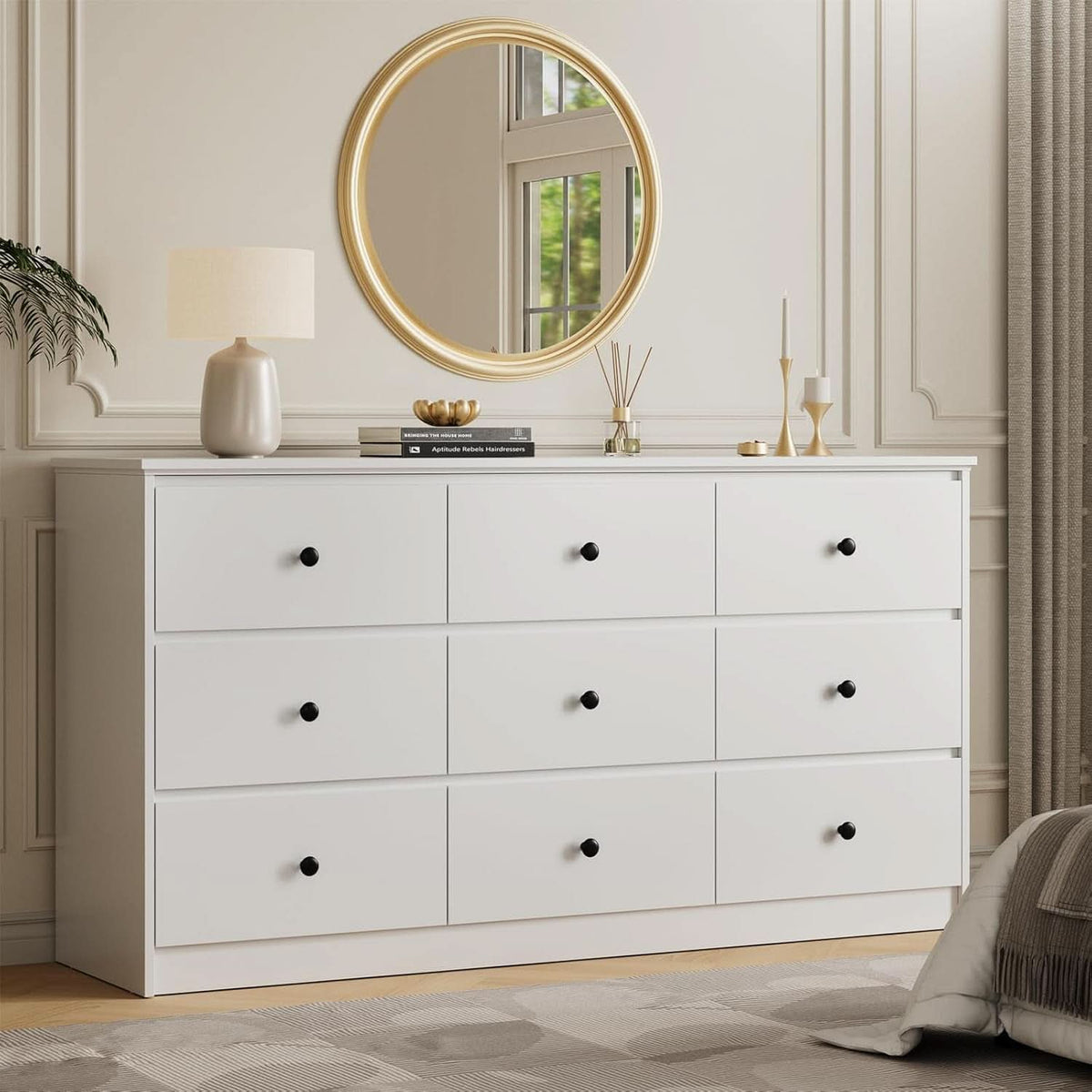 Pure White Nine Drawer Dresser 59 Inches Gold Handles