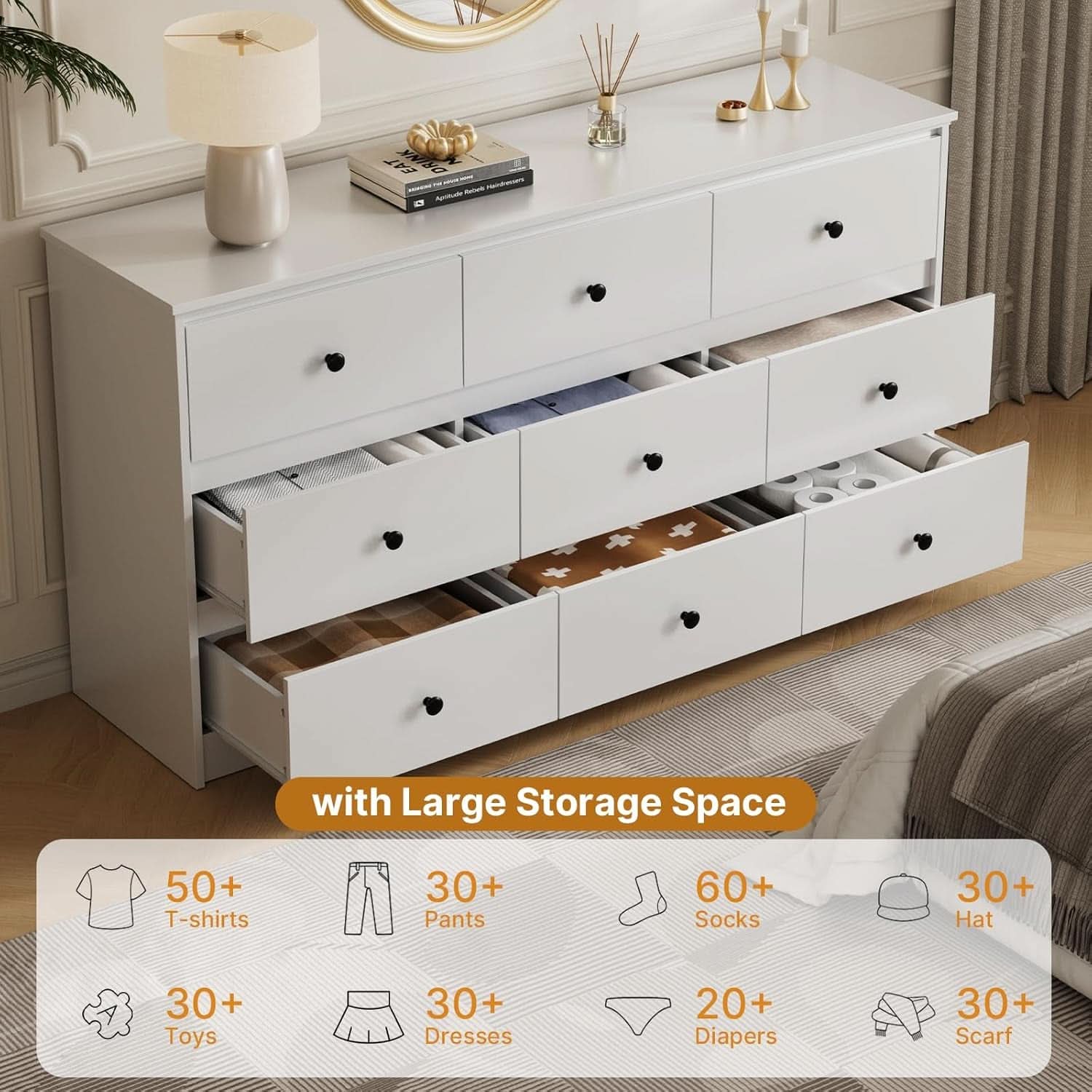 Pure White Nine Drawer Dresser 59 Inches Gold Handles