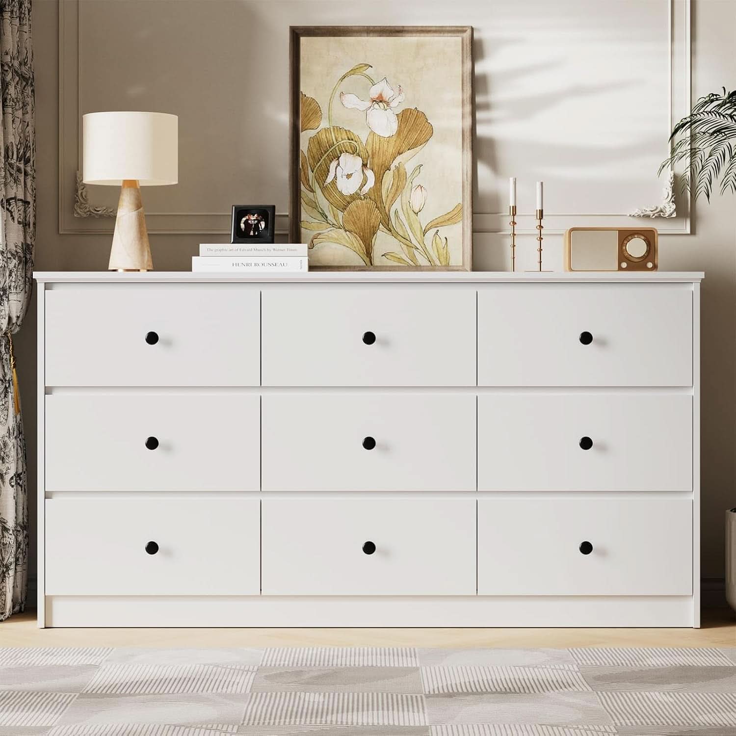 Pure White Nine Drawer Dresser 59 Inches Gold Handles