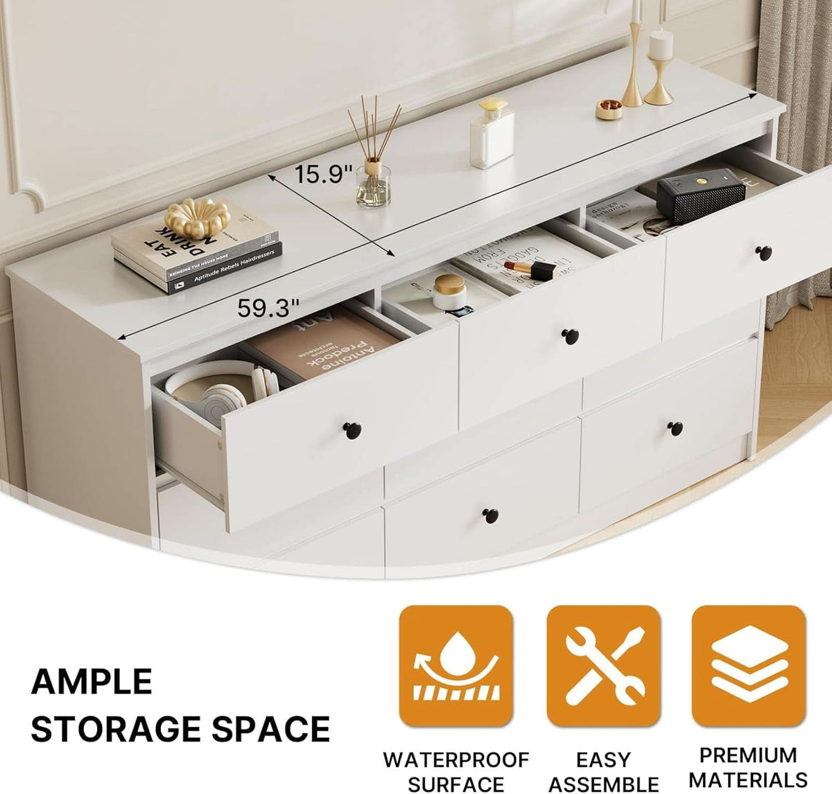 Pure White Nine Drawer Dresser 59 Inches Gold Handles