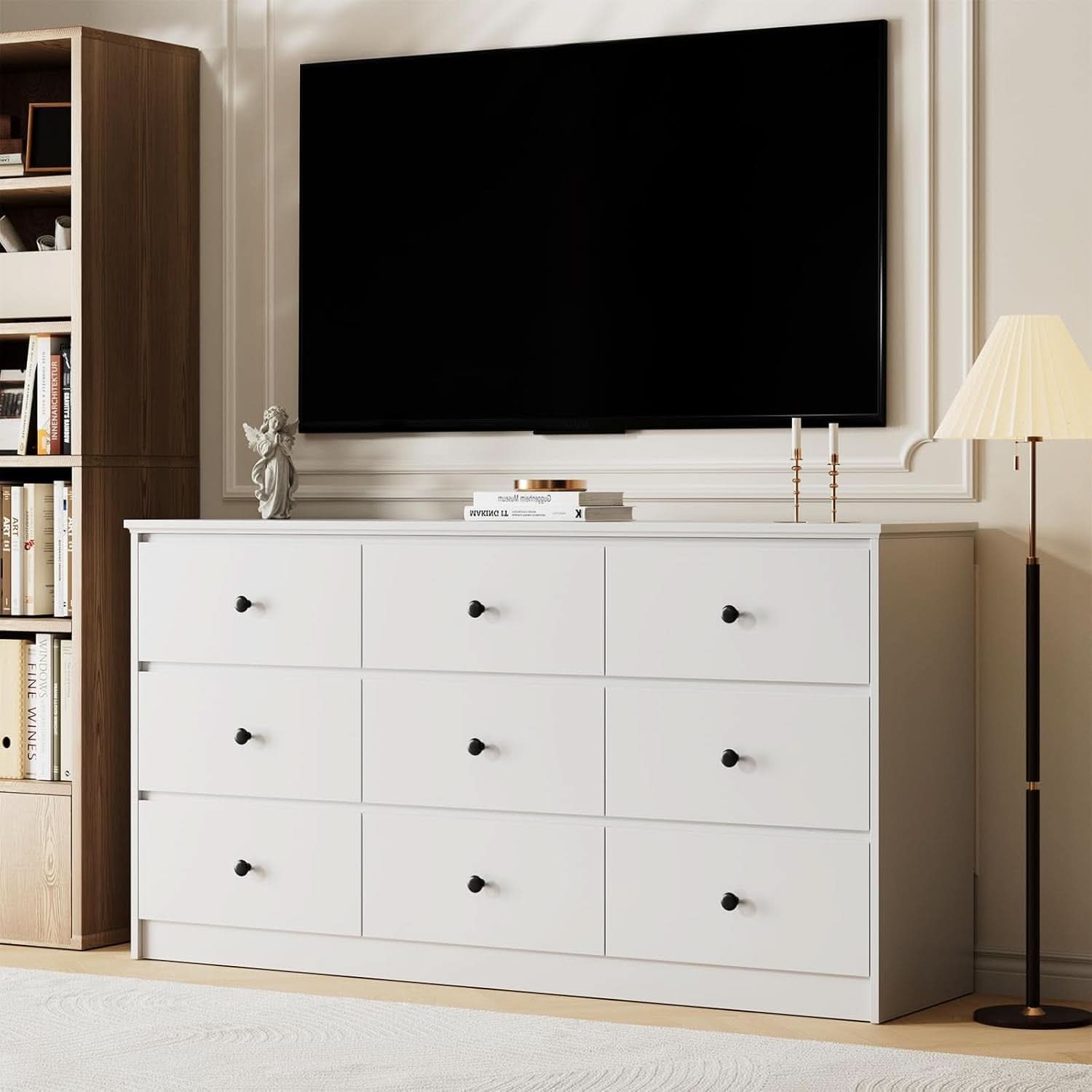 Pure White Nine Drawer Dresser 59 Inches Gold Handles