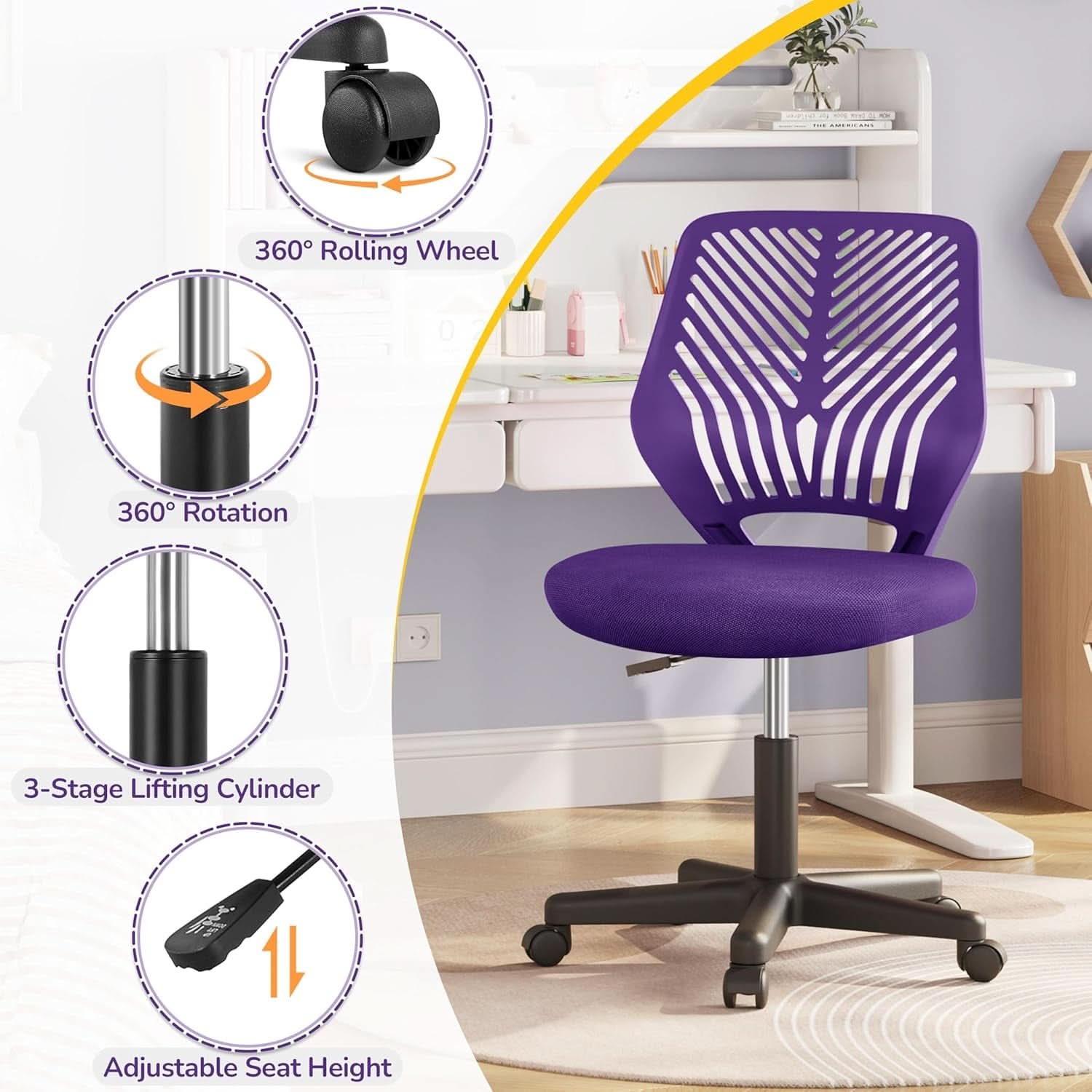 Purple Adjustable Desk Chair With Lumbar Support Swivel