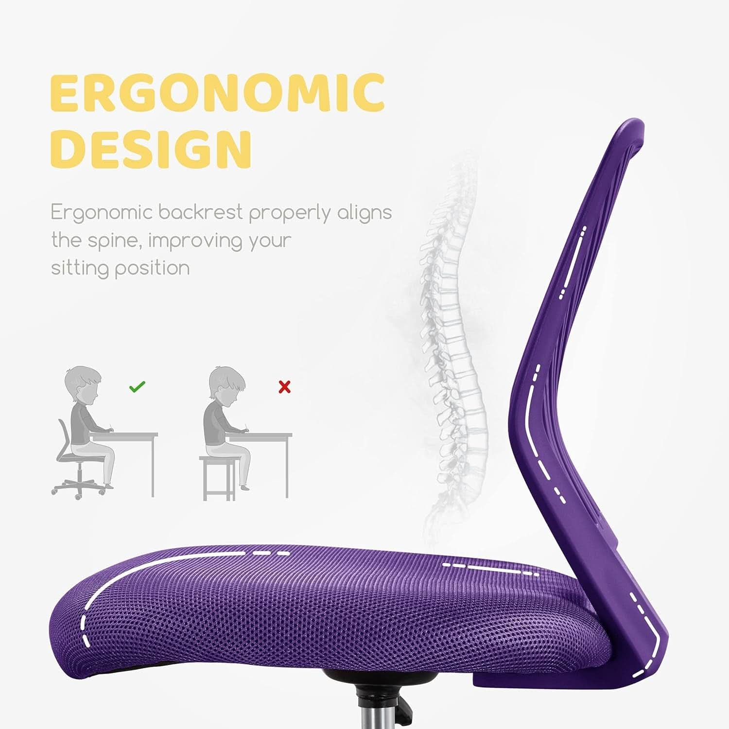 Purple Adjustable Desk Chair With Lumbar Support Swivel