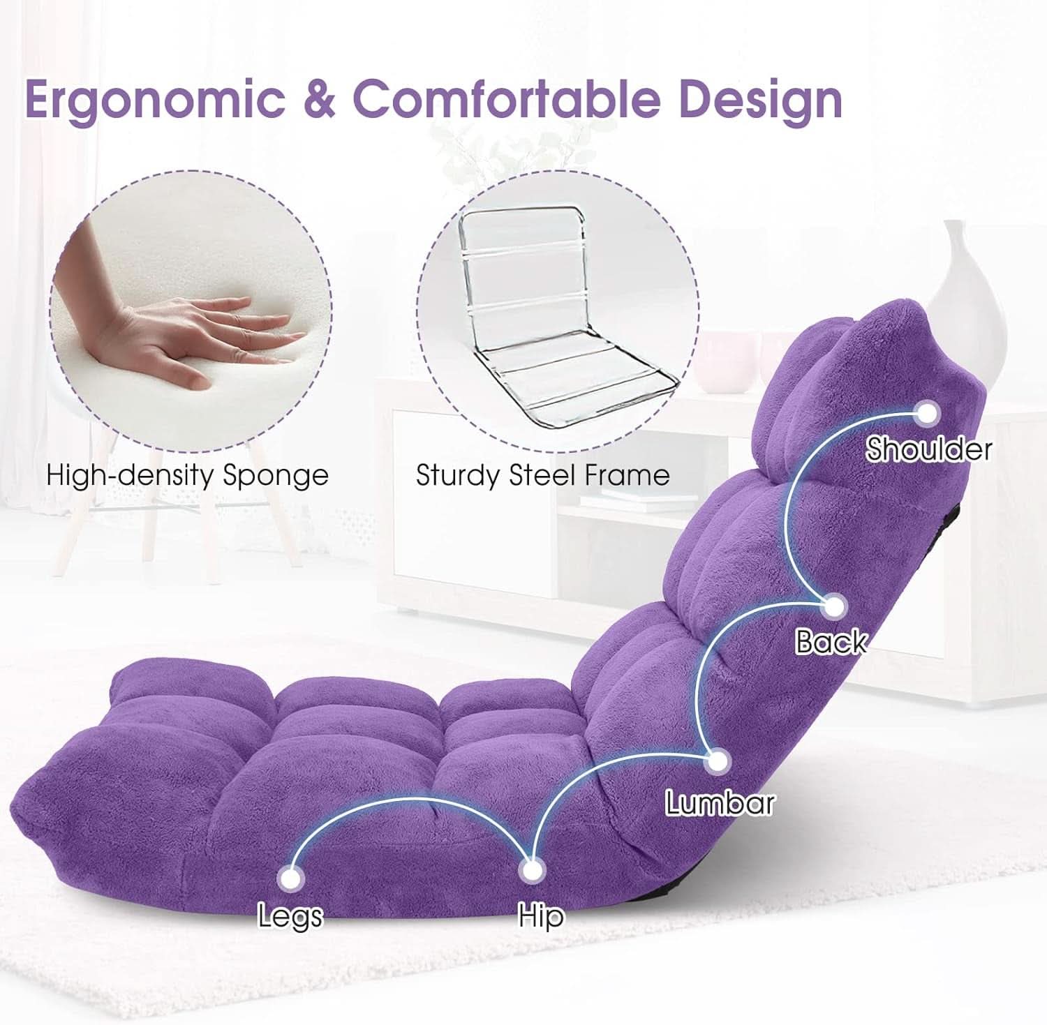 Purple Floor Chair With Back Support 14 Position Adjustable