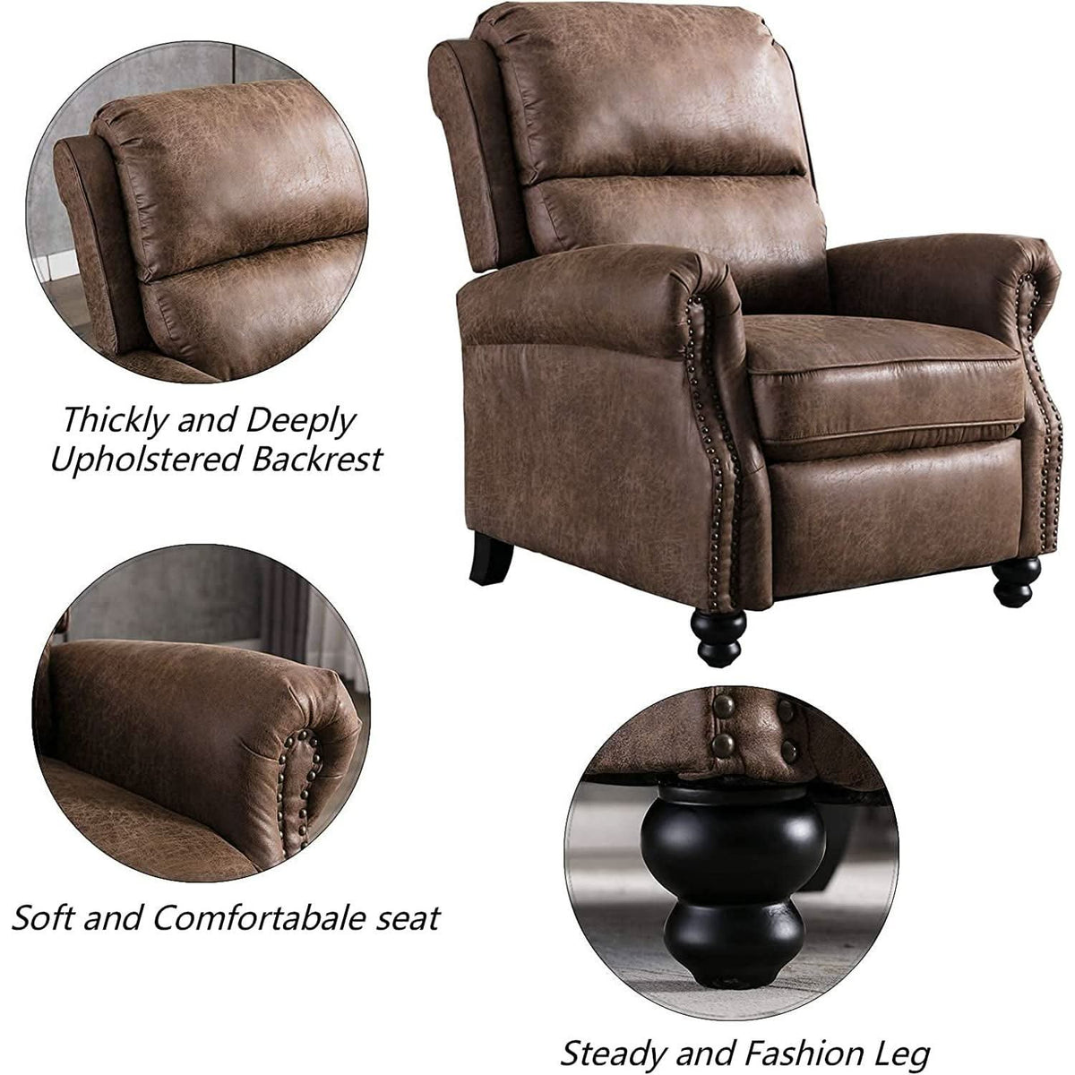 Pushback Recliner Chair Leather Rivet Decoration Chocolate