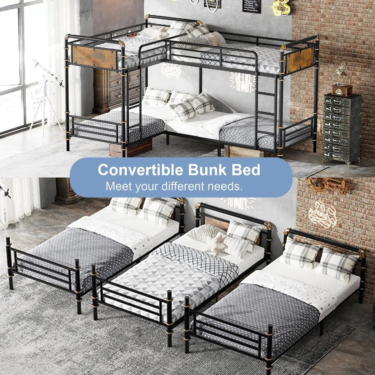 Quad Bunk Bed Twin Size Metal With Ladders Detachable Black