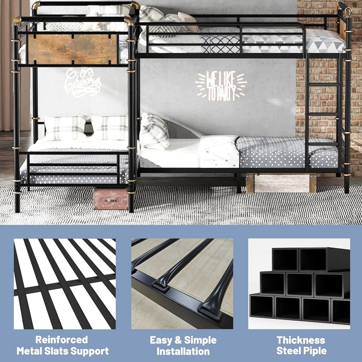 Quad Bunk Bed Twin Size Metal With Ladders Detachable Black
