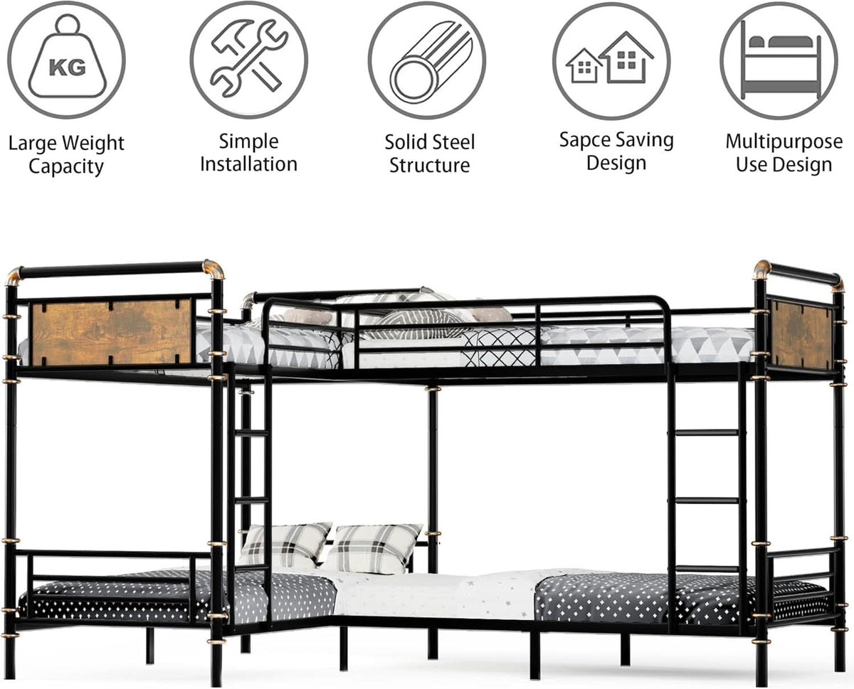 Quad Bunk Bed Twin Size Metal With Ladders Detachable Black