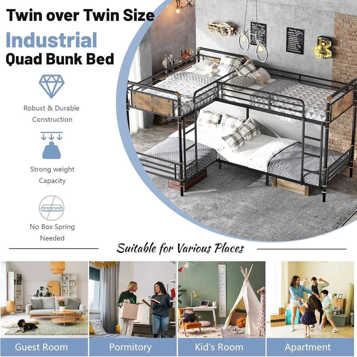 Quad Bunk Bed Twin Size Metal With Ladders Detachable Black