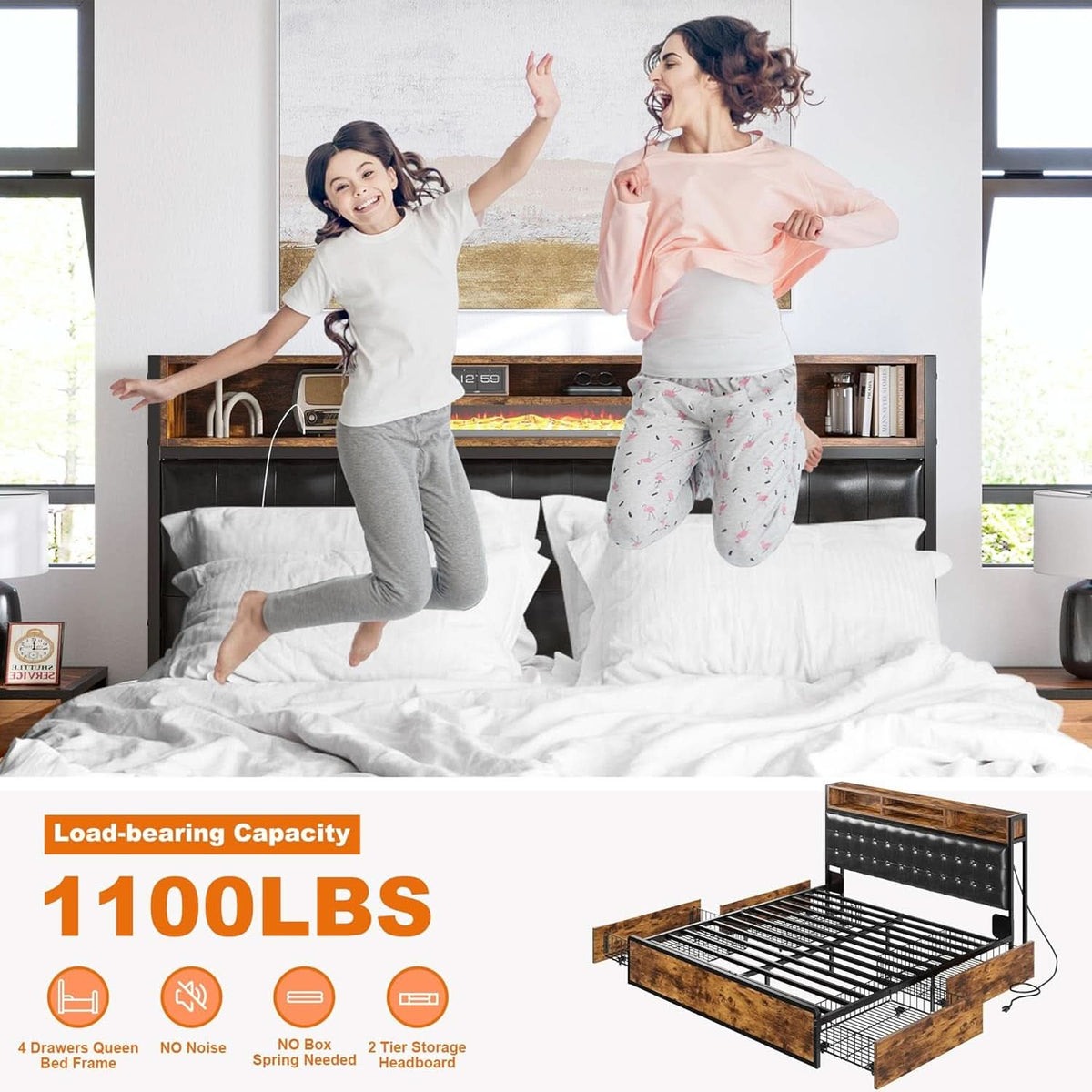 Queen Bed Frame With 4 Storage Drawers And Charging Station