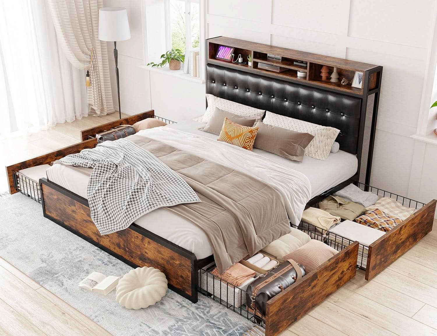 Queen Bed Frame With 4 Storage Drawers And Charging Station