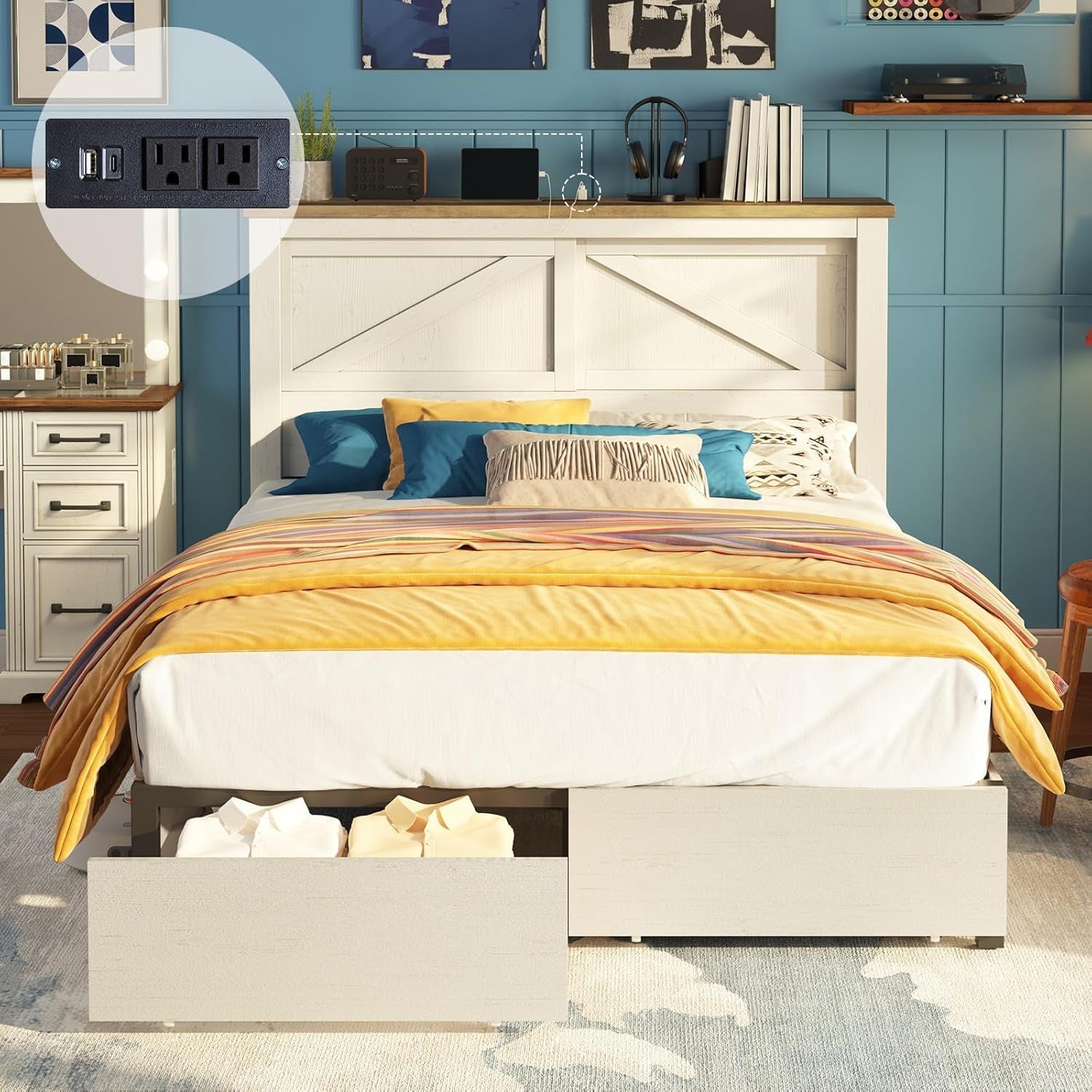 Queen Bed Frame With Hidden Headboard Charging Station