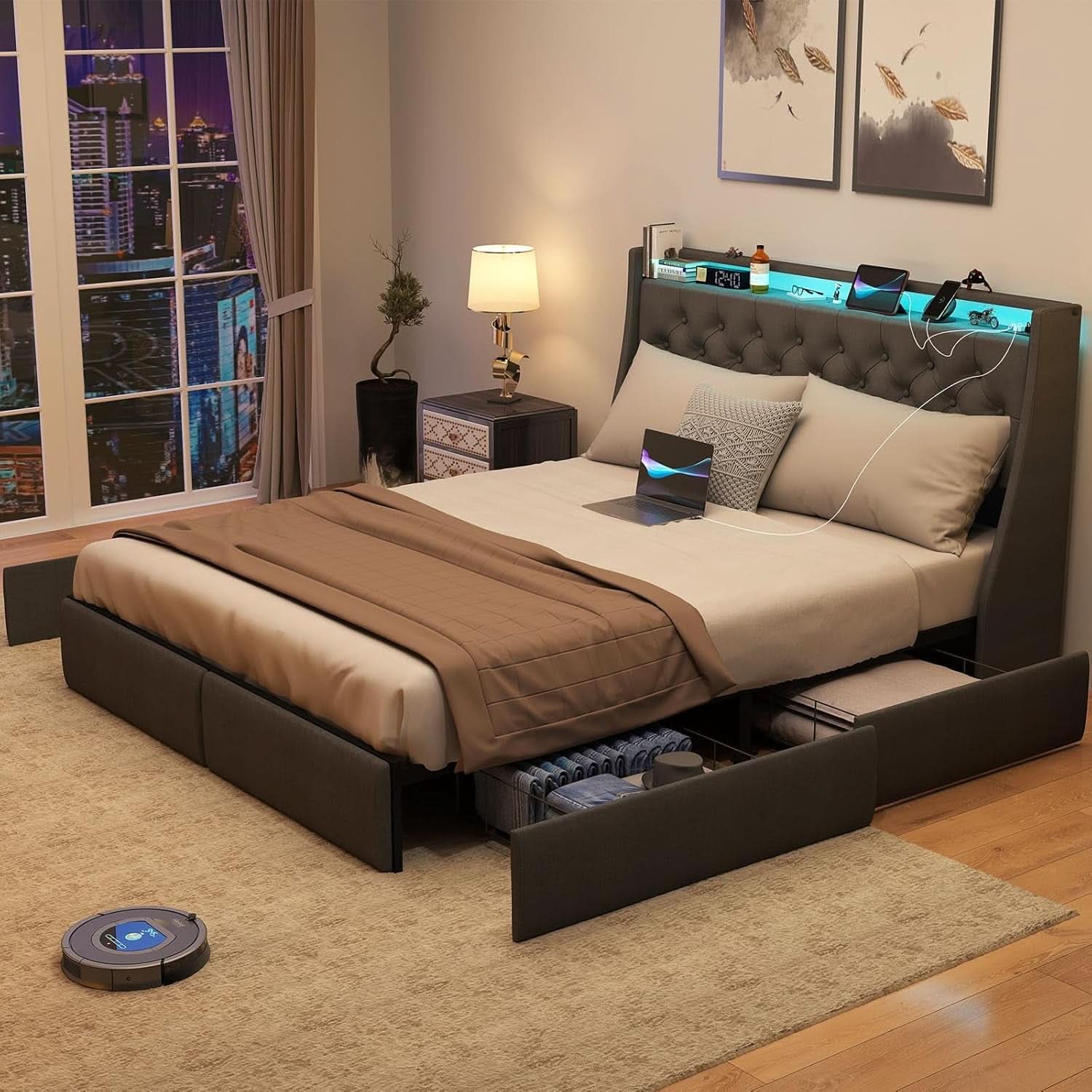 Queen Bed Frame With Storage Headboard LED Lighting