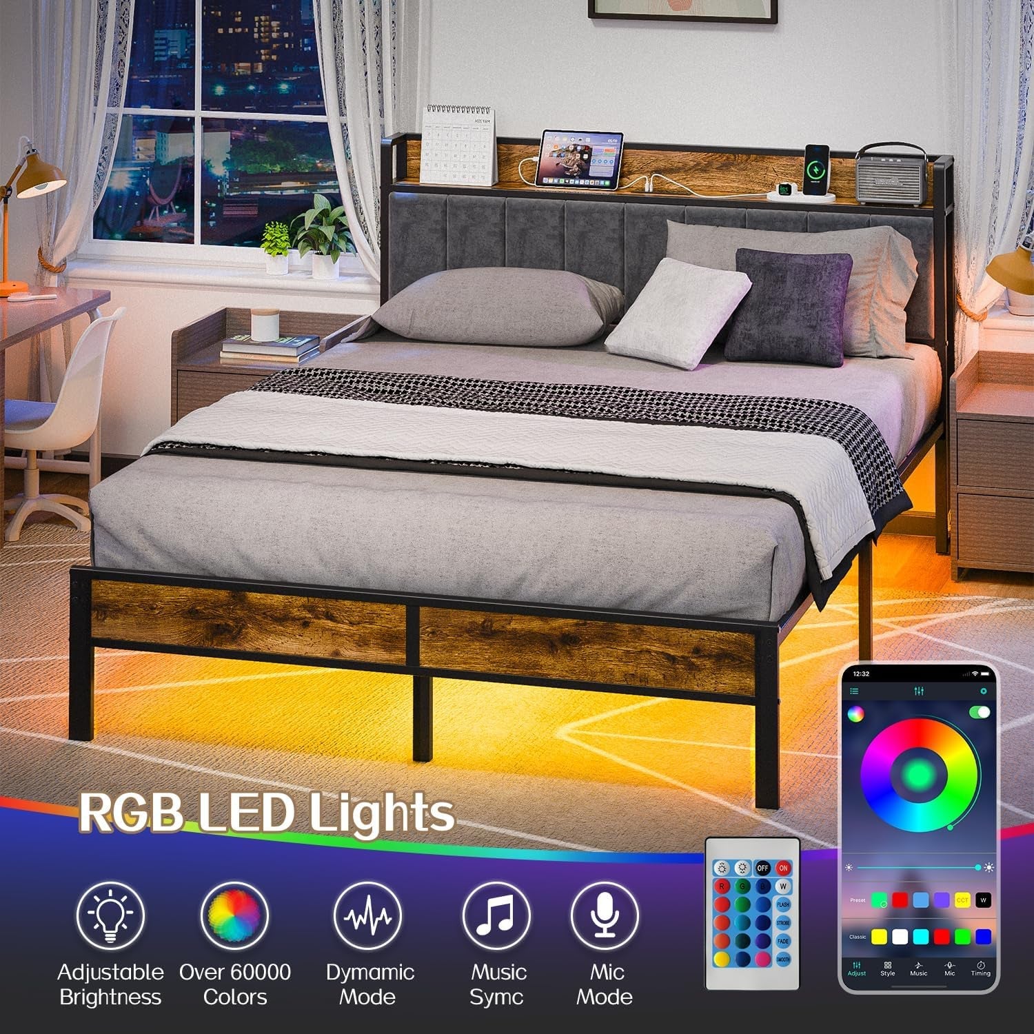 Queen Bed Frame With USB Charging And LED Illumination
