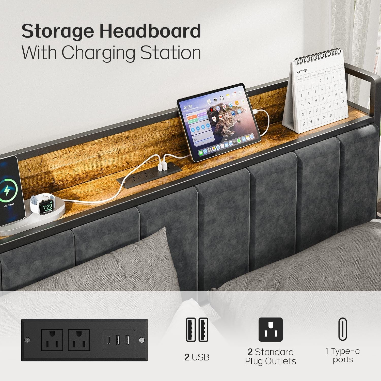 Queen Bed Frame With USB Charging And LED Illumination