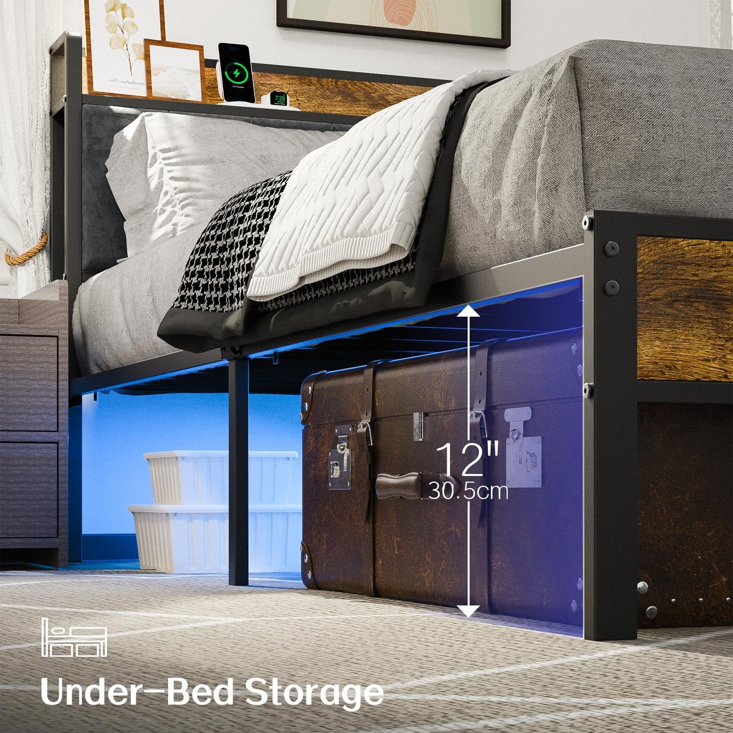 Queen Bed Frame With USB Charging And LED Illumination