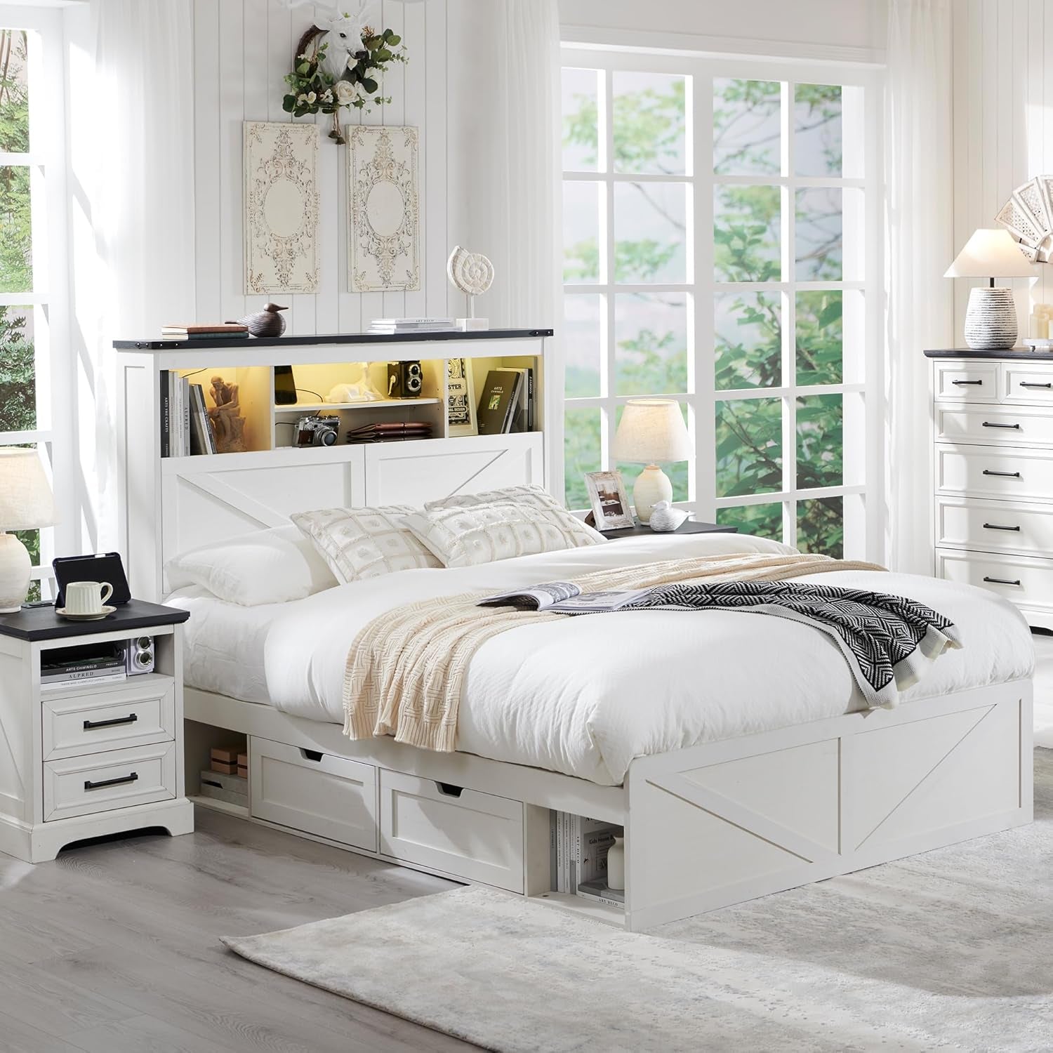 Queen Farmhouse Bed Frame With White Storage Headboard