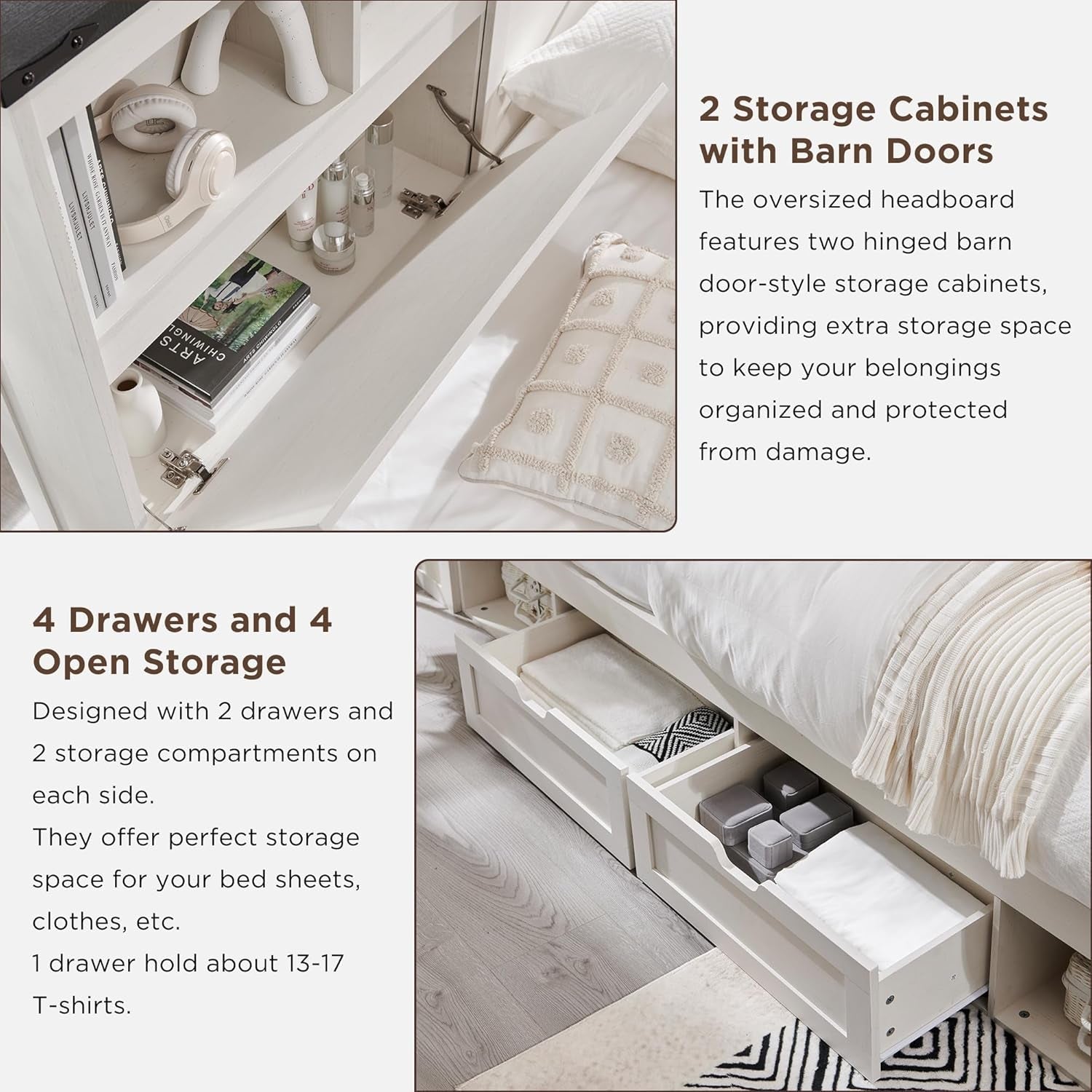 Queen Farmhouse Bed Frame With White Storage Headboard
