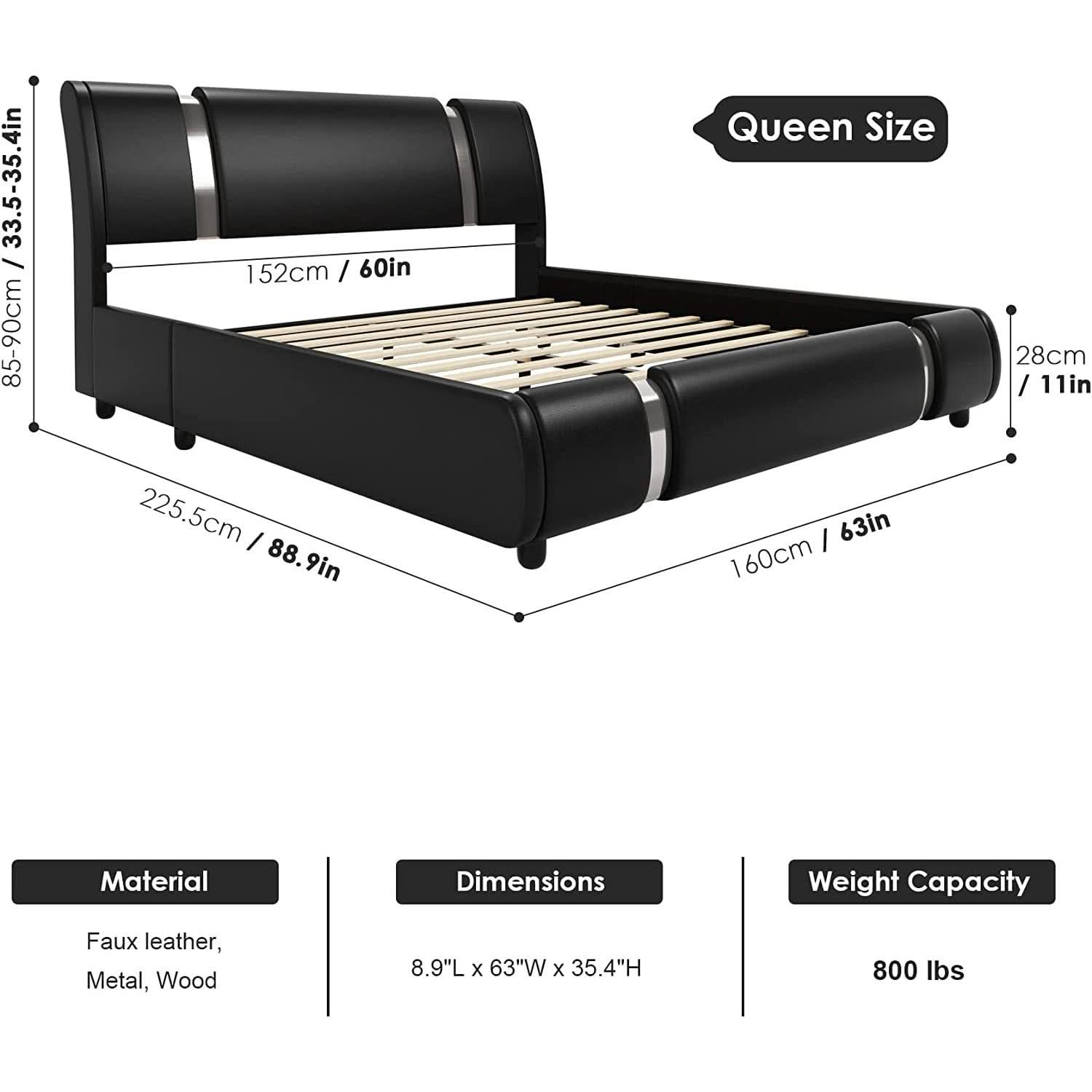 Queen Faux Leather Bed Frame With Adjustable Headboard