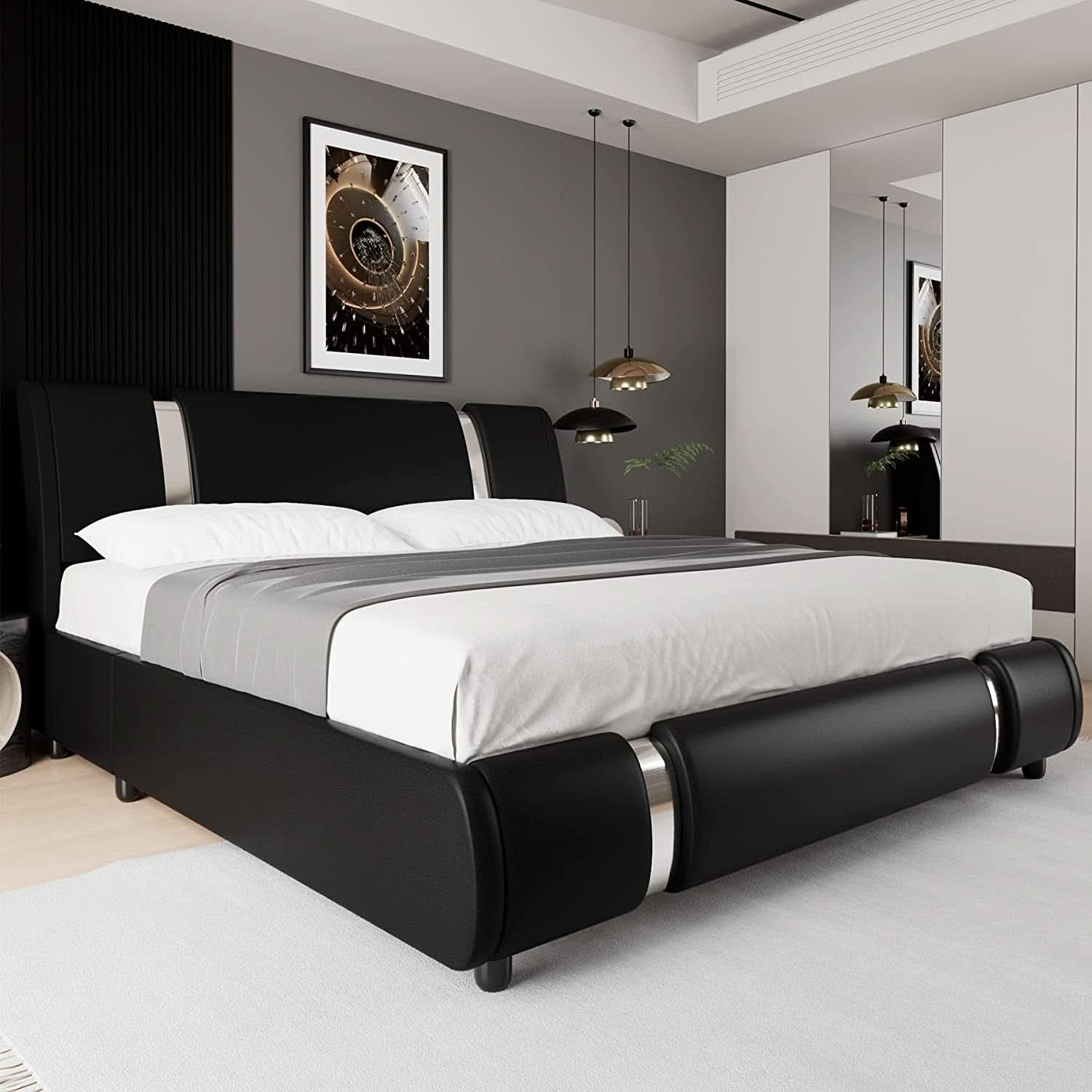 Queen Faux Leather Bed Frame With Adjustable Headboard