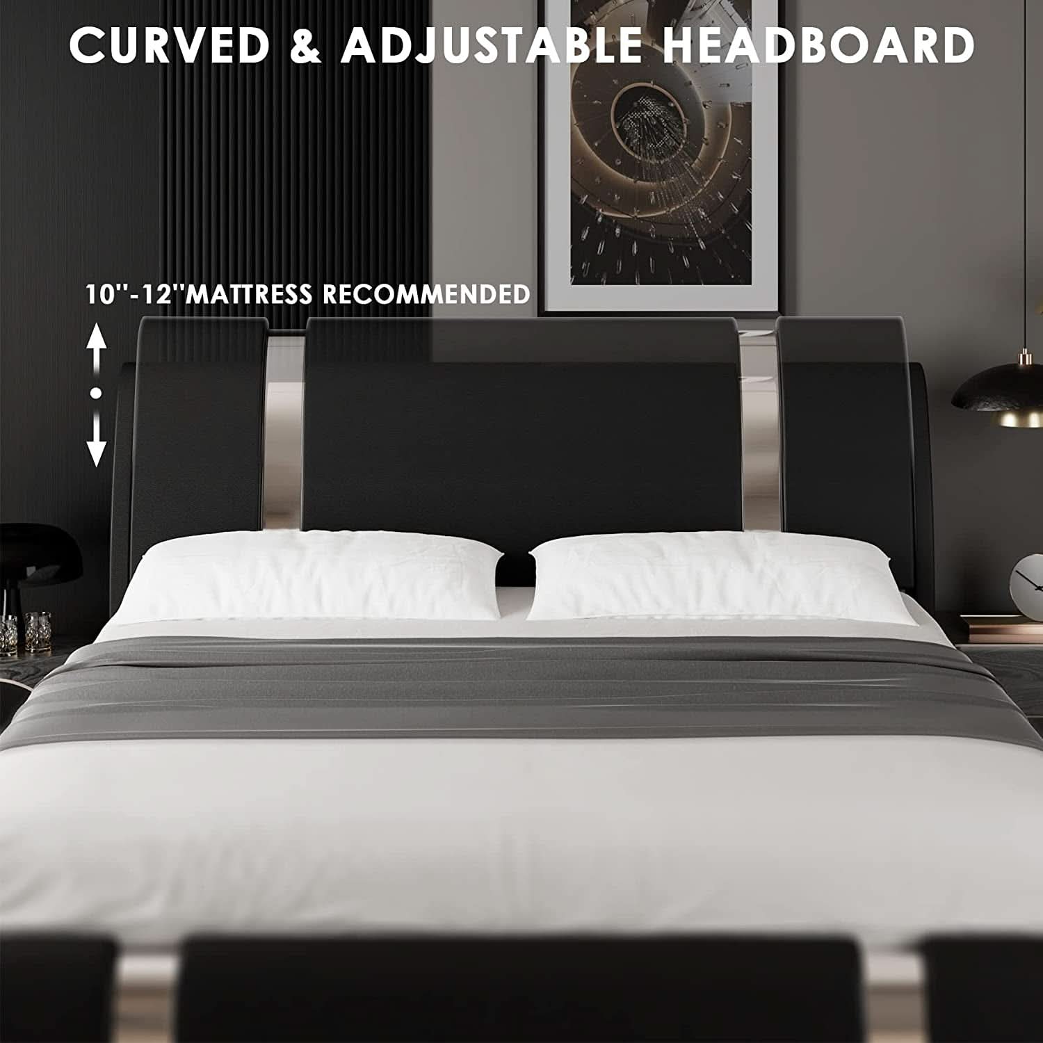 Queen Faux Leather Bed Frame With Adjustable Headboard