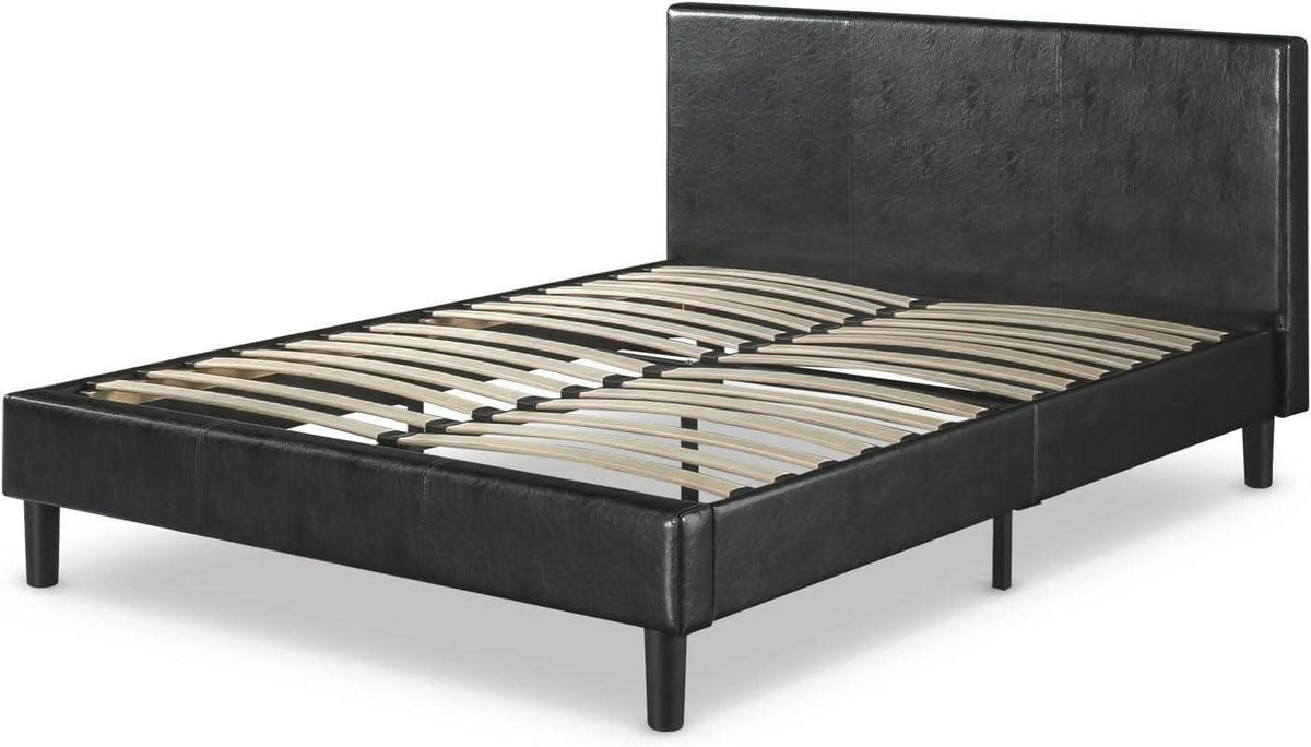 Queen Faux Leather Platform Bed Frame With Wood Slats