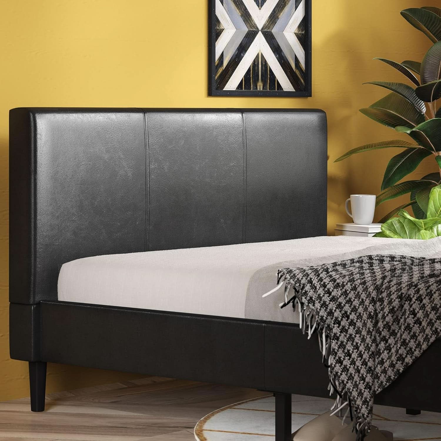 Queen Faux Leather Platform Bed Frame With Wood Slats