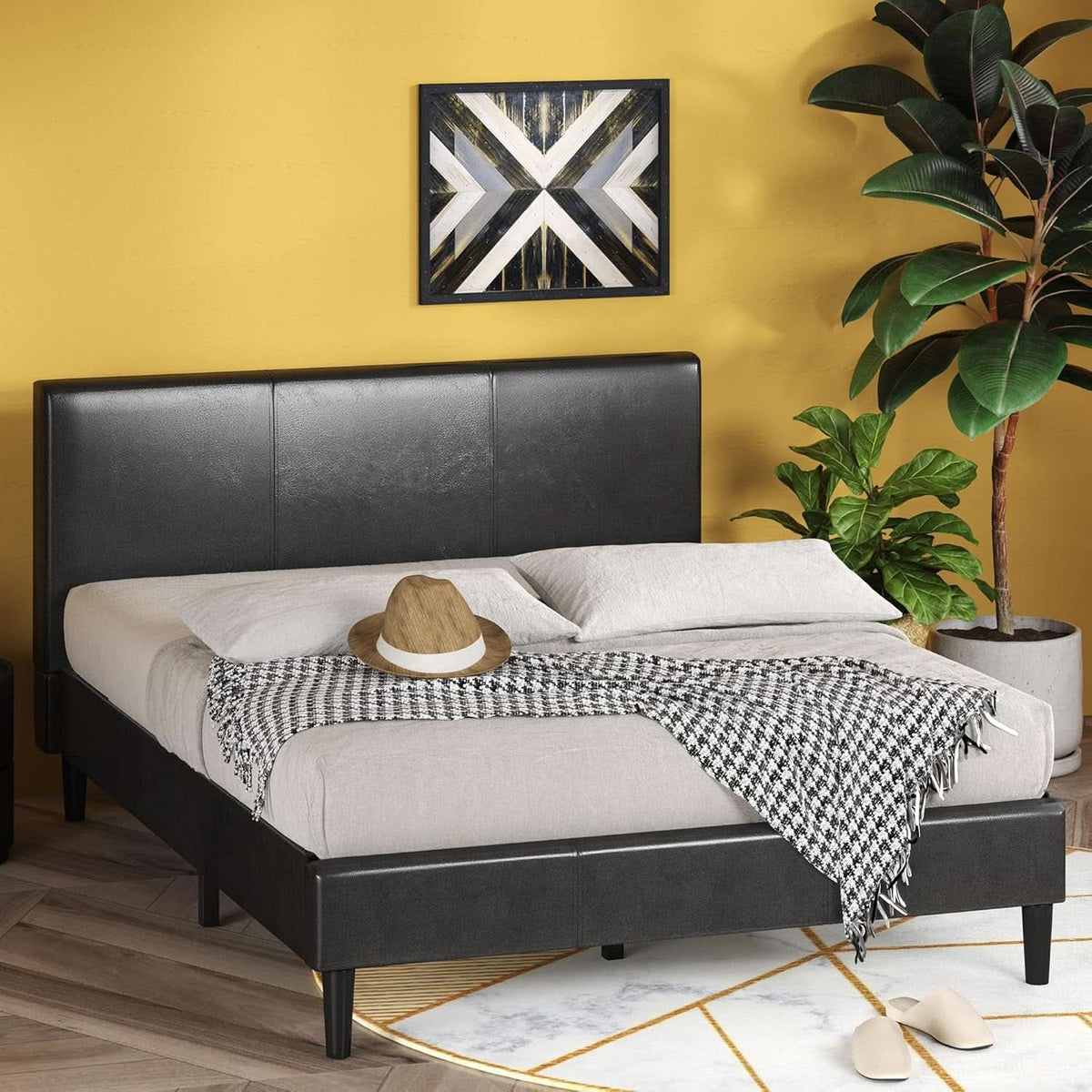 Queen Faux Leather Platform Bed Frame With Wood Slats