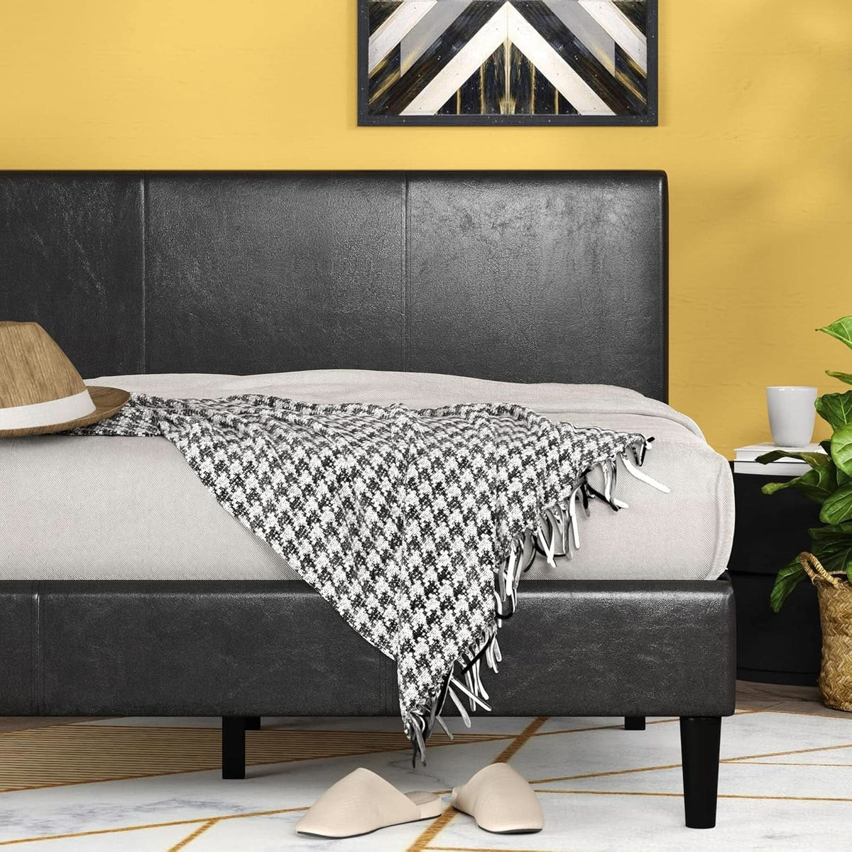 Queen Faux Leather Platform Bed Frame With Wood Slats