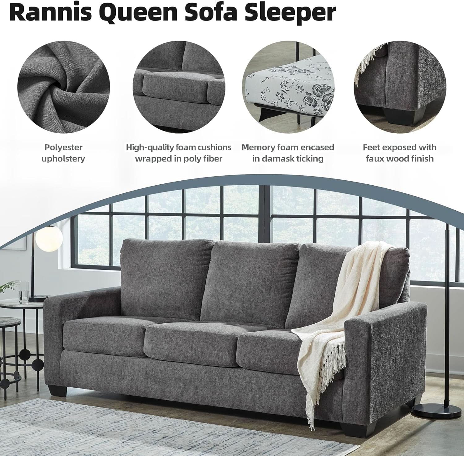 Queen Memory Foam Convertible Sofa Sleeper Charcoal