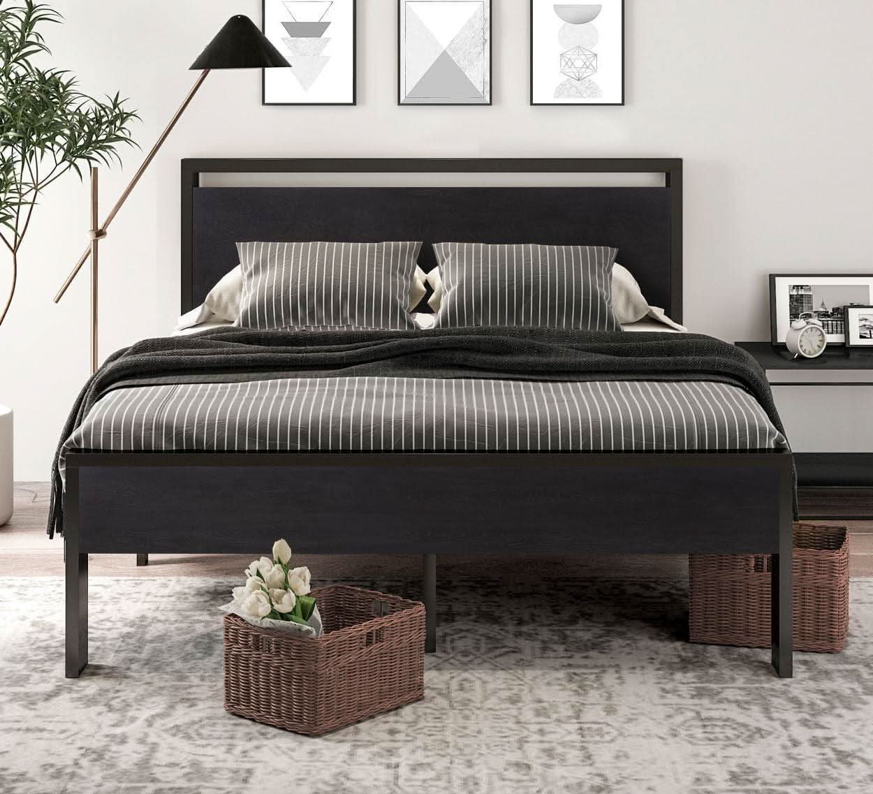 Queen Metal Platform Bed Frame With Storage Black Oak