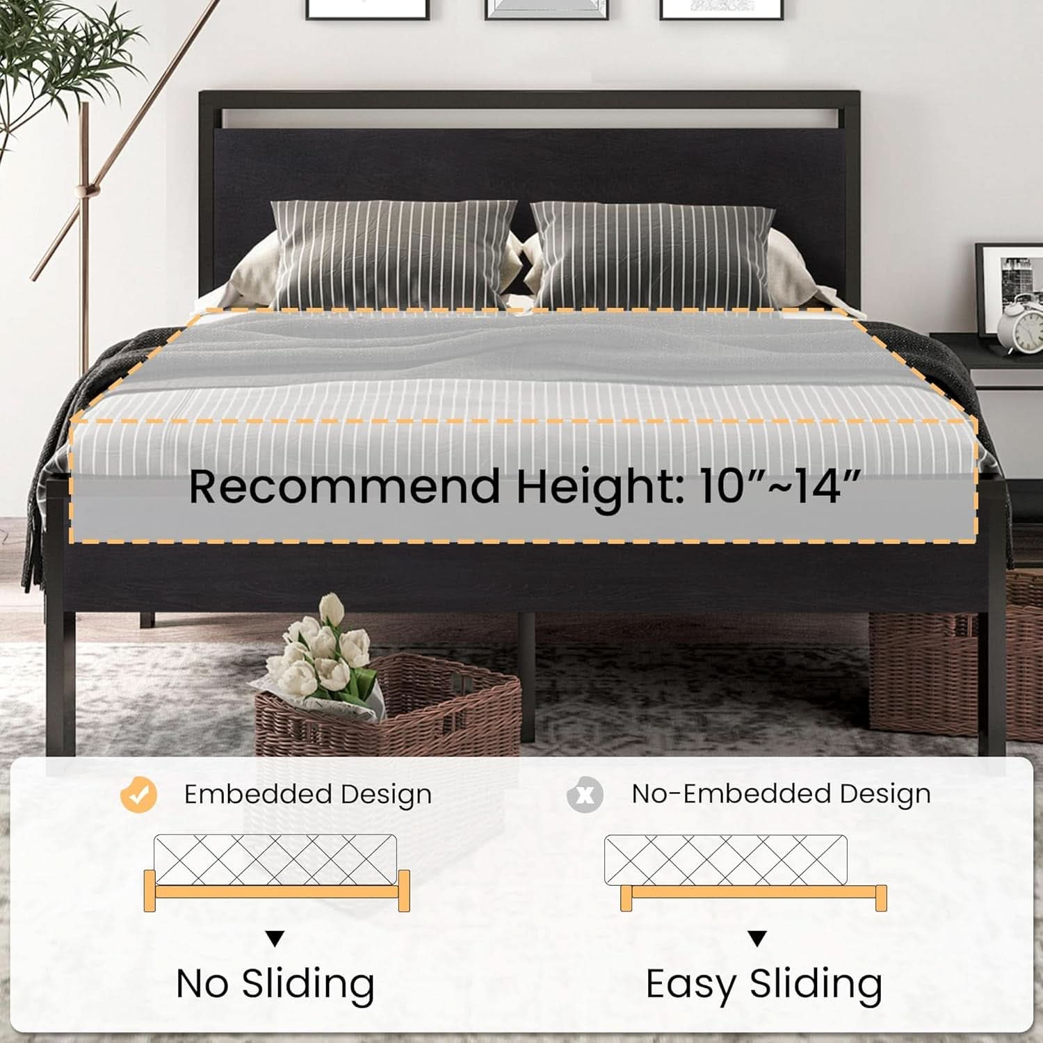 Queen Metal Platform Bed Frame With Storage Black Oak