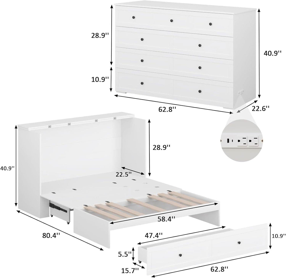 Queen Murphy Bed Cabinet With Storage And Charging Station Distressed White