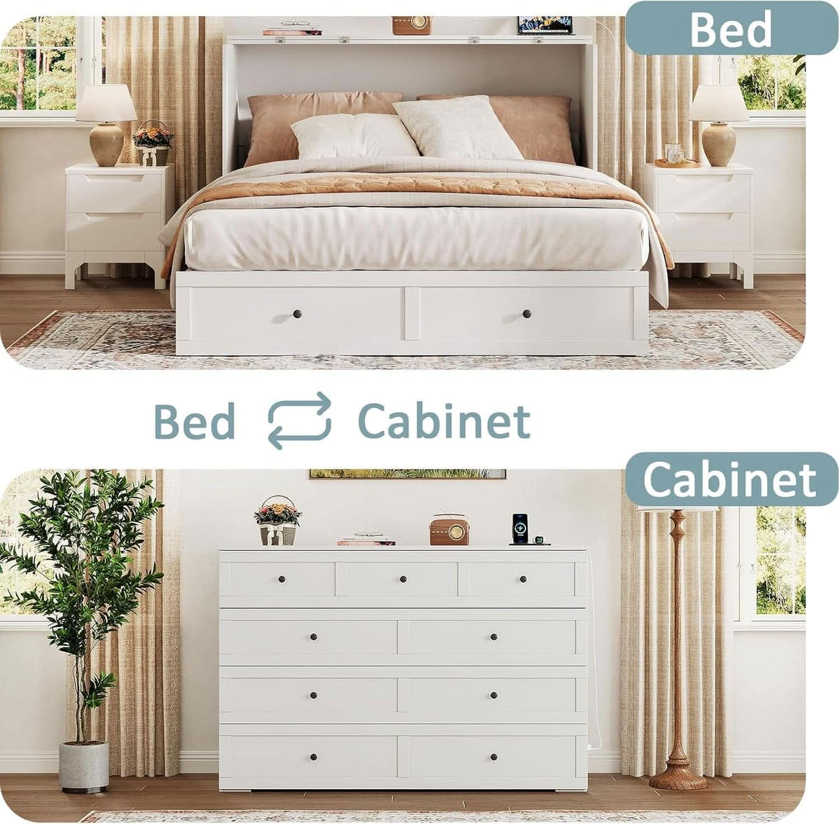 Queen Murphy Bed Cabinet With Storage And Charging Station Distressed White
