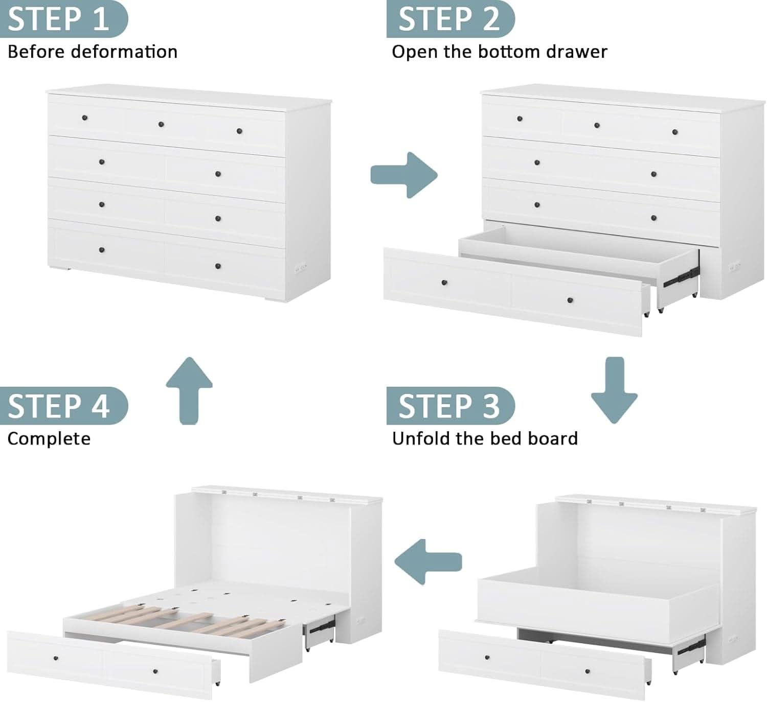Queen Murphy Bed Cabinet With Storage And Charging Station Distressed White