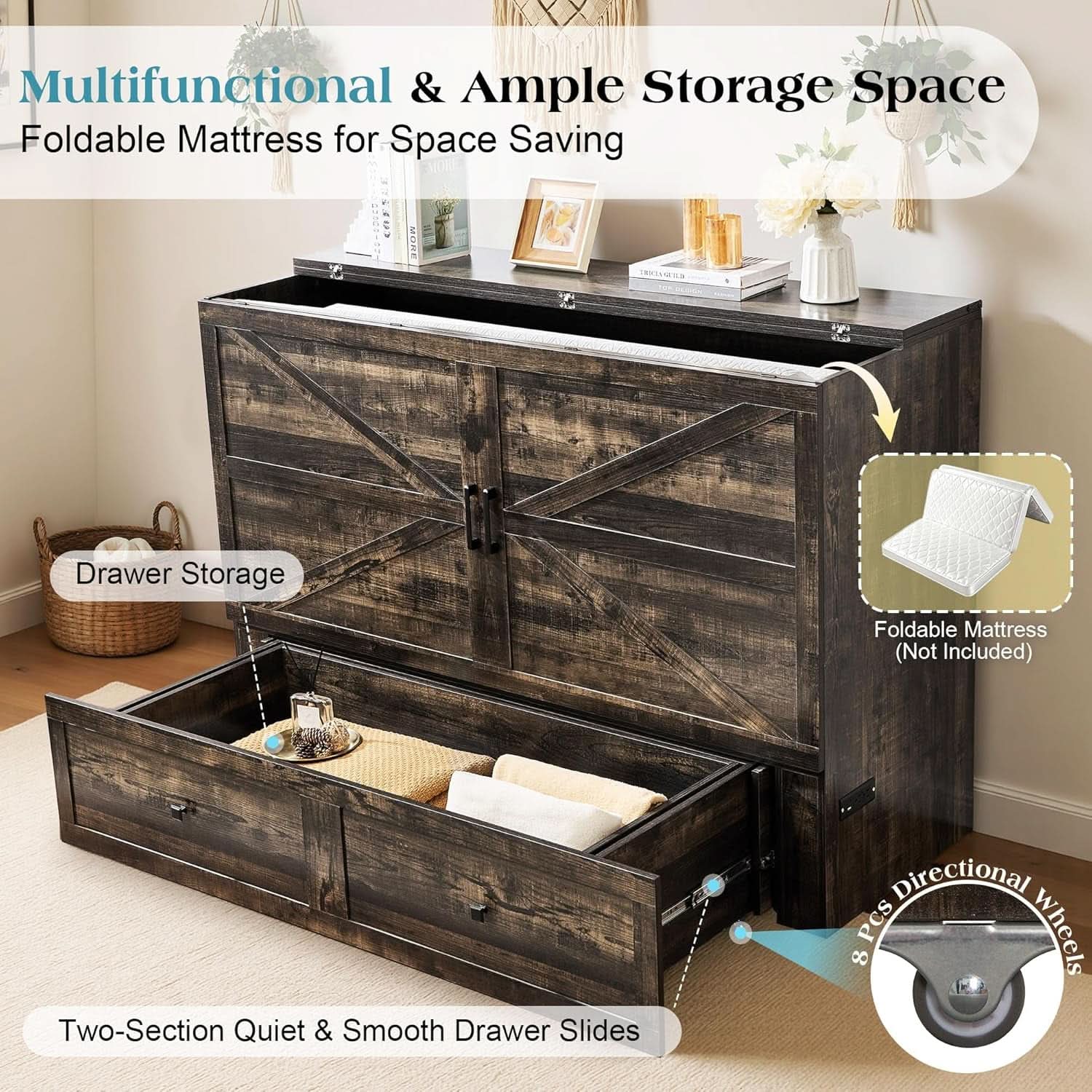 Queen Murphy Bed With Black Oak Finish And Storage