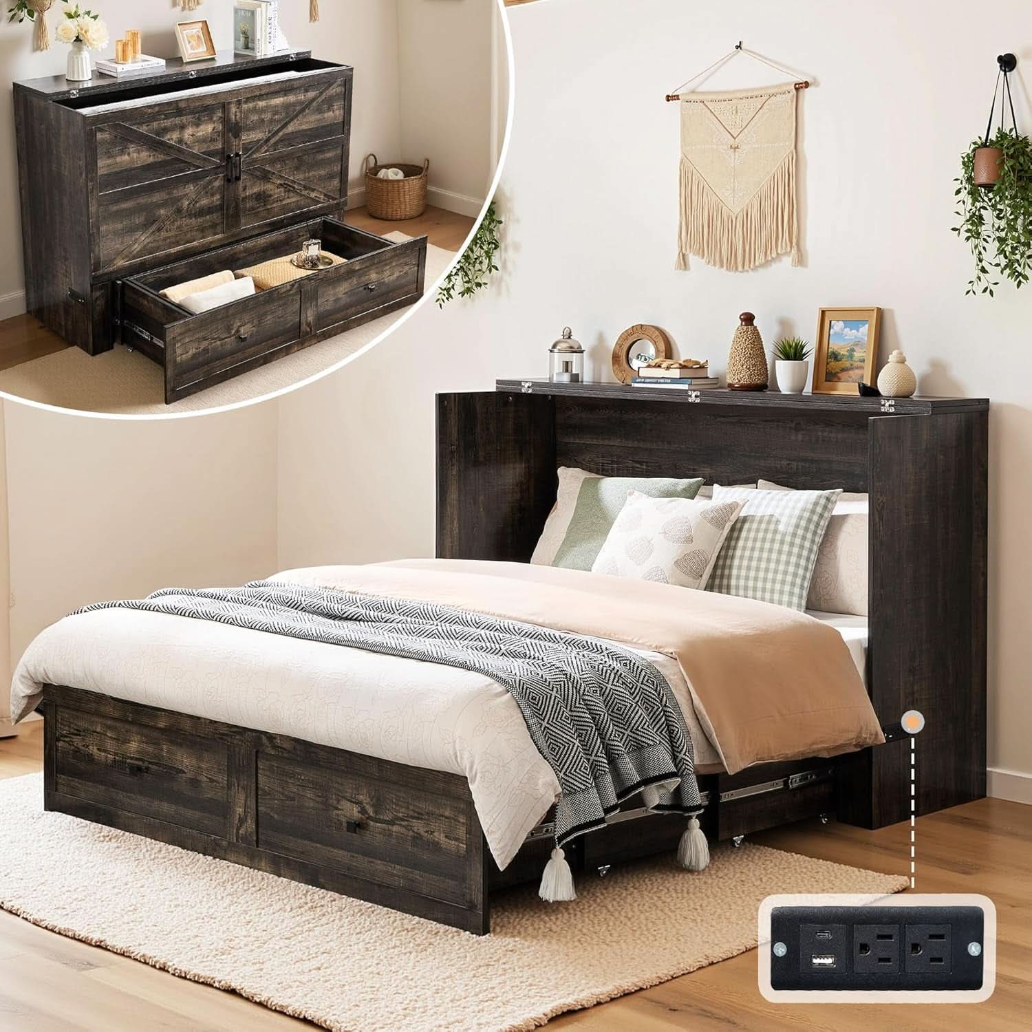 Queen Murphy Bed With Black Oak Finish And Storage
