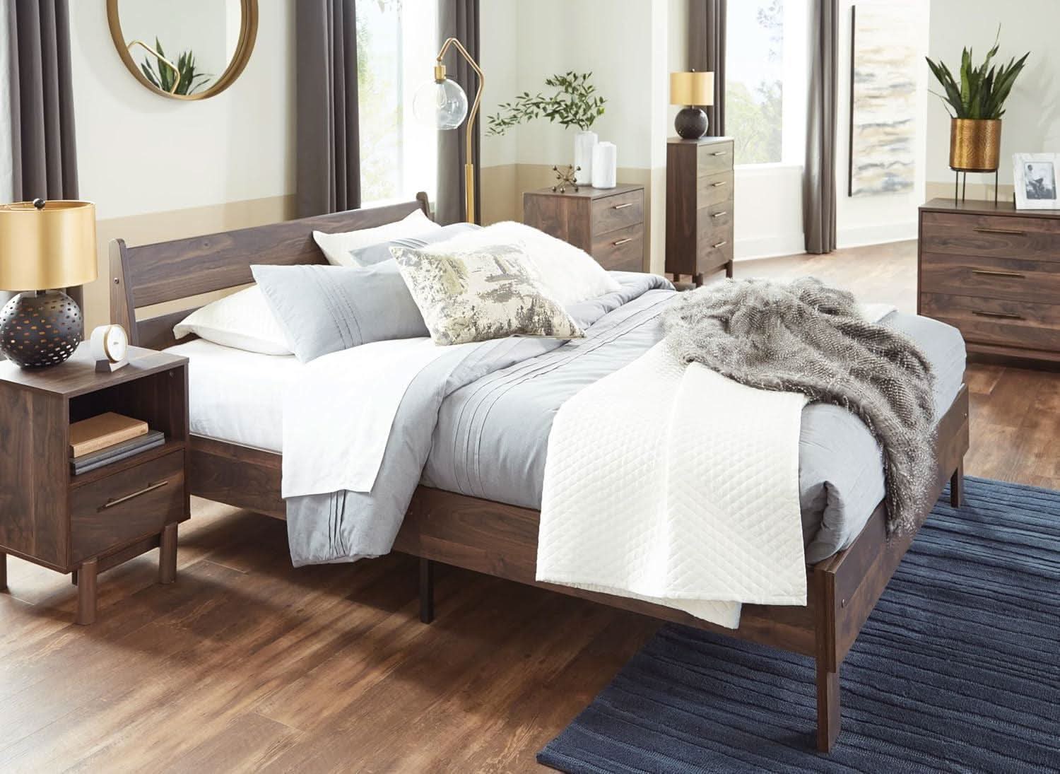 Queen Panel Platform Bed Dark Brown Walnut Storage