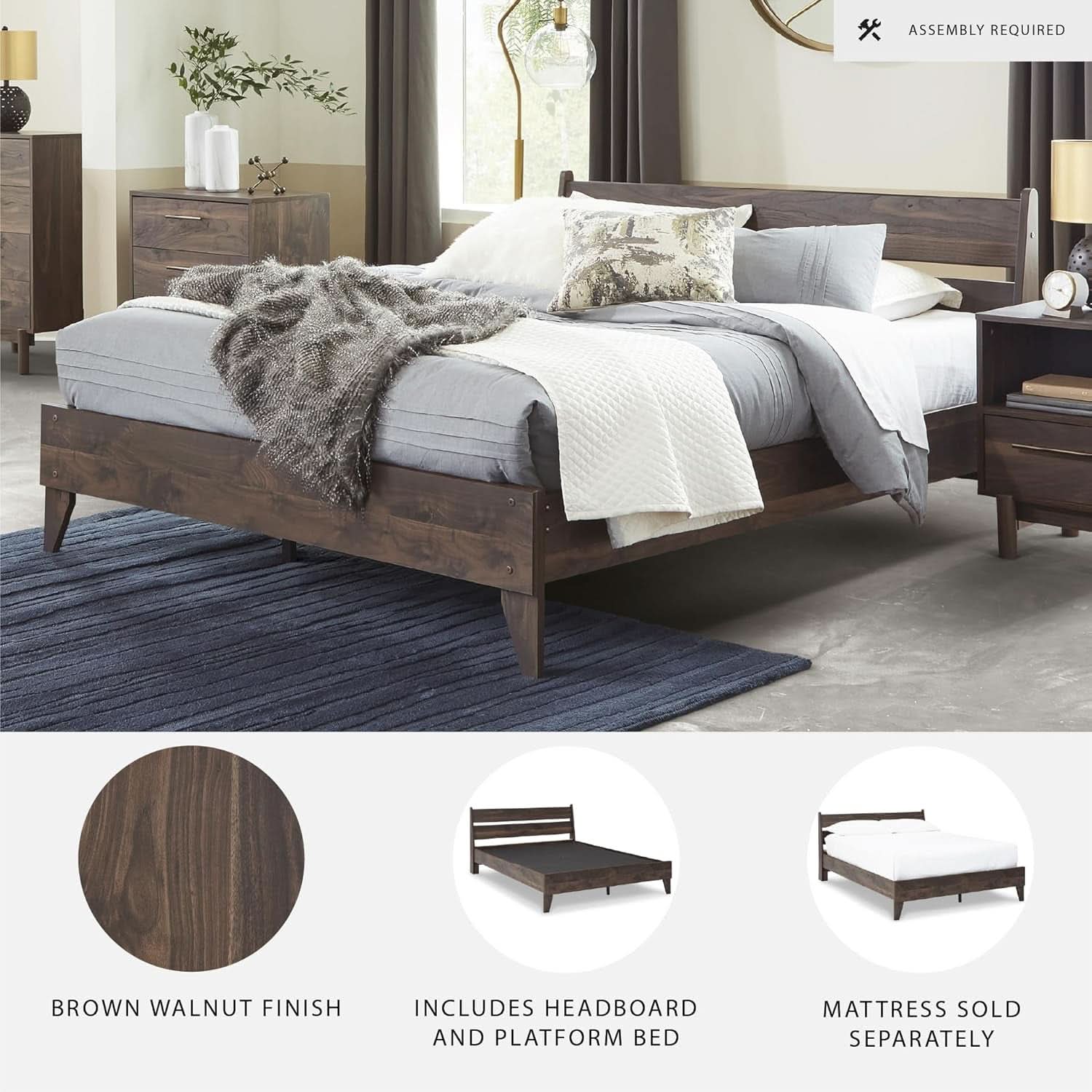 Queen Panel Platform Bed Dark Brown Walnut Storage