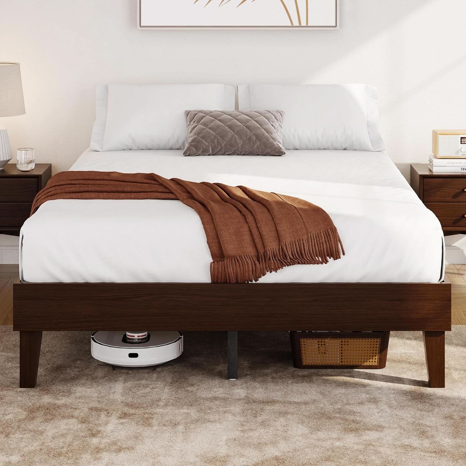 Queen Platform Bed Frame Dark Walnut Underbed Storage