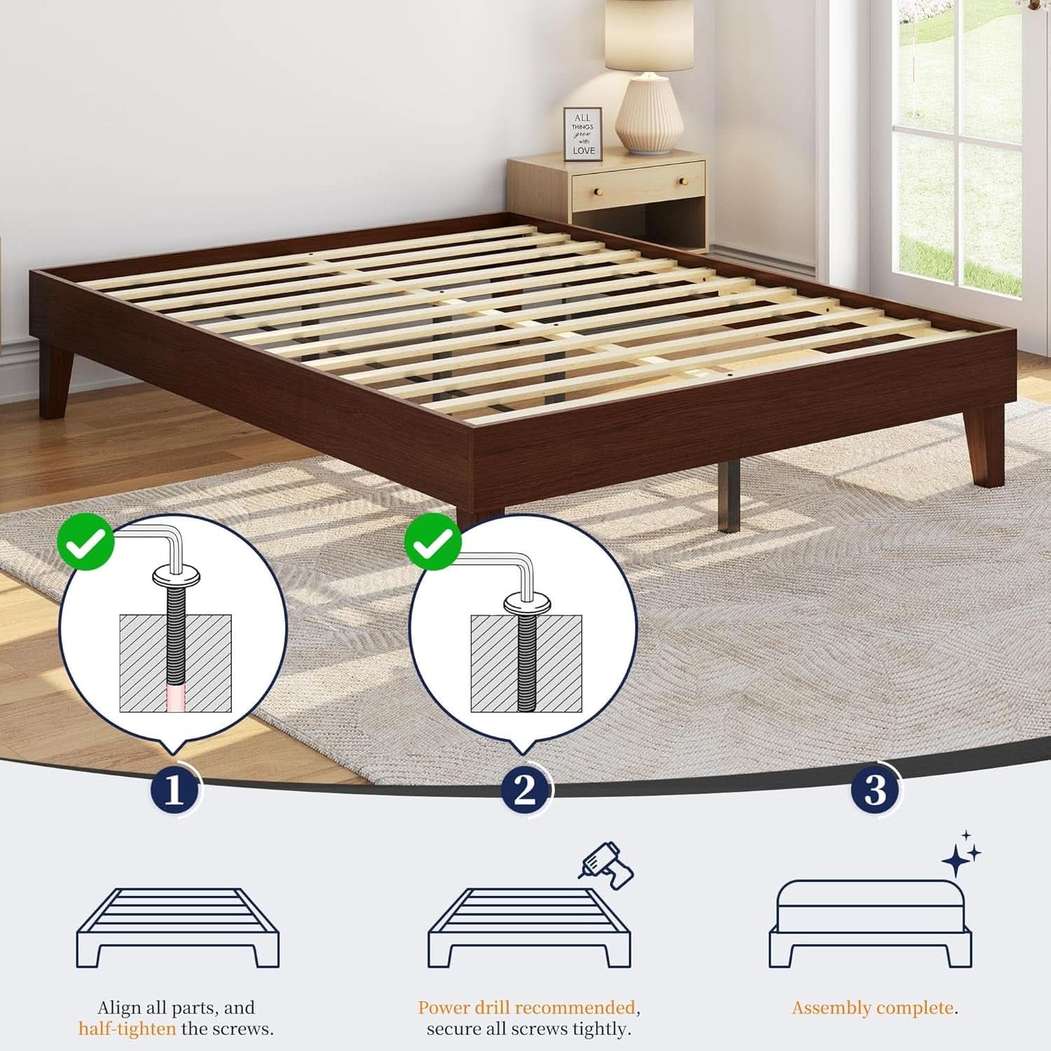 Queen Platform Bed Frame Dark Walnut Underbed Storage