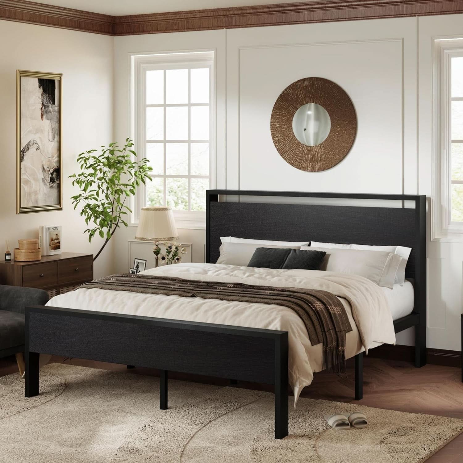 Queen Platform Bed Frame With Wooden Headboard And Footboard Black Oak