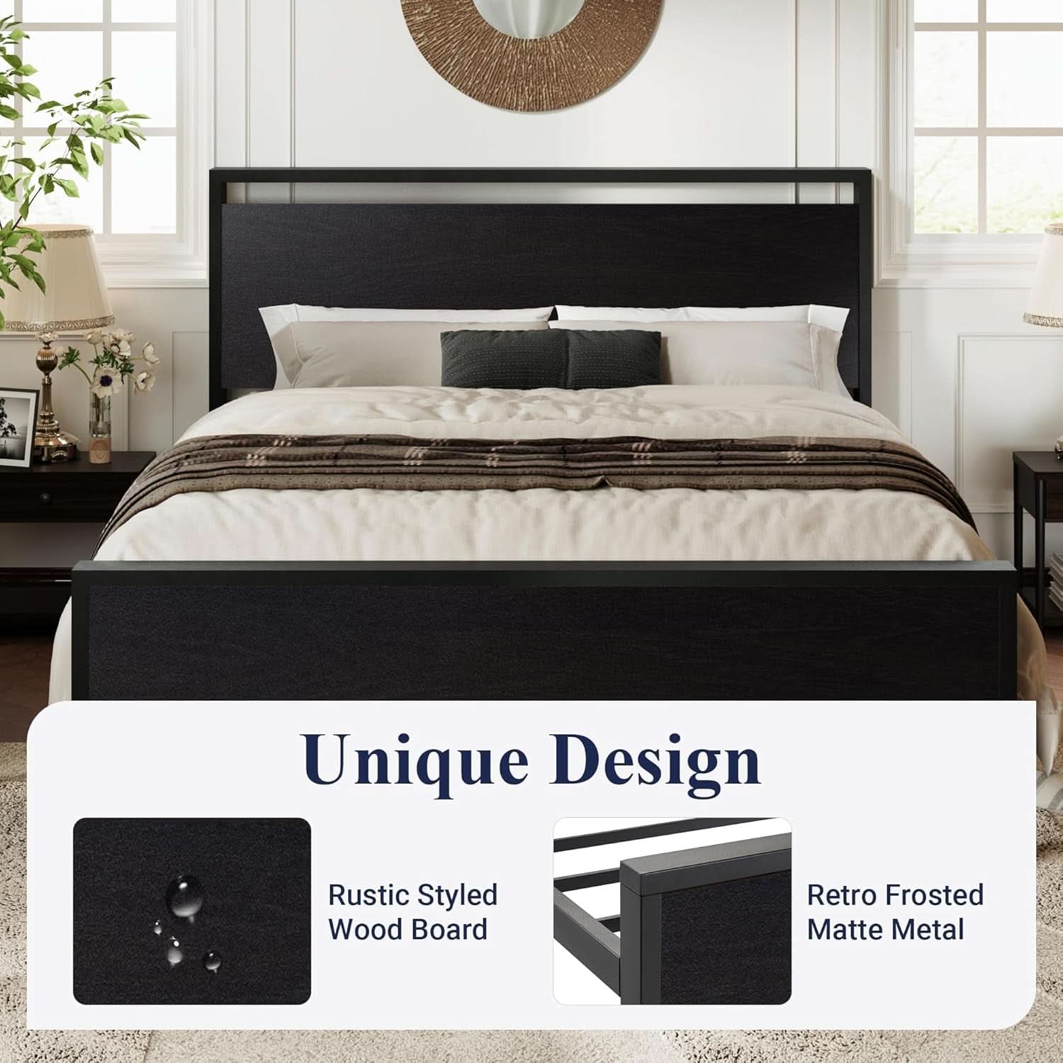Queen Platform Bed Frame With Wooden Headboard And Footboard Black Oak